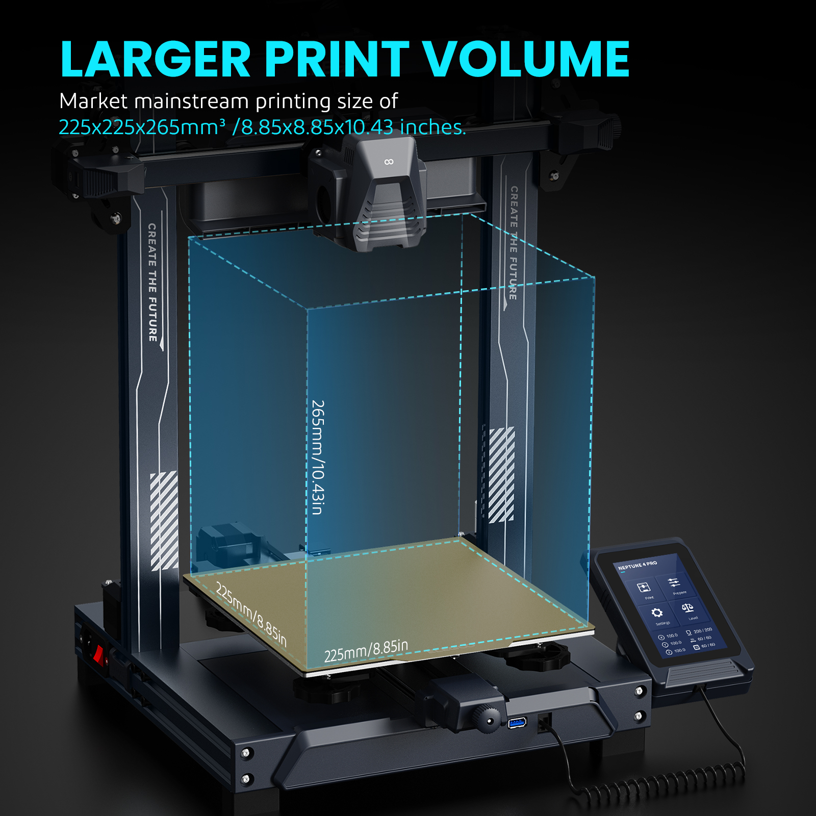 Una stampante 3D con area di stampa blu. Il testo mostra le dimensioni. Uno schermo mostra le impostazioni. Lo sfondo è scuro.