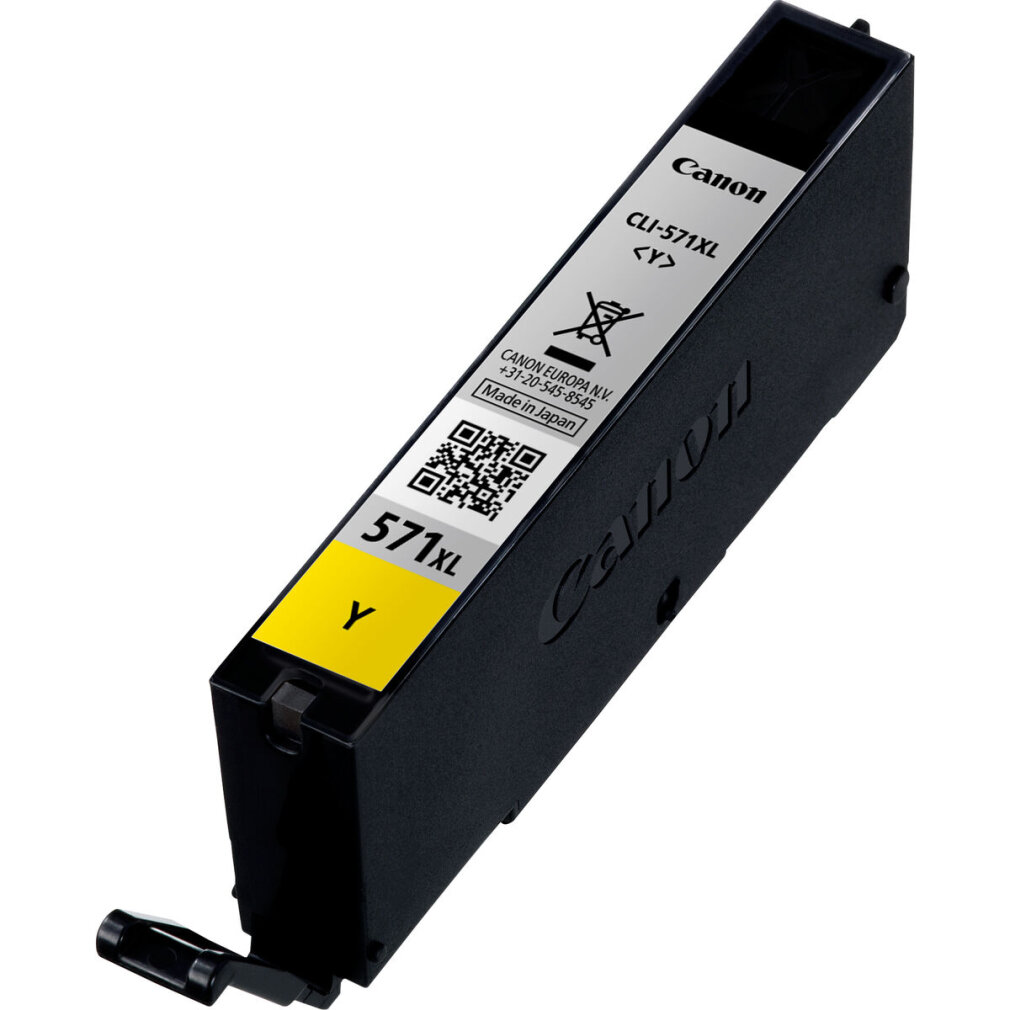 Een gele Canon CLI-571XL inktcartridge wordt weergegeven. De cartridge is zwart met gele labels en een QR-code. Het heeft Canon-branding.