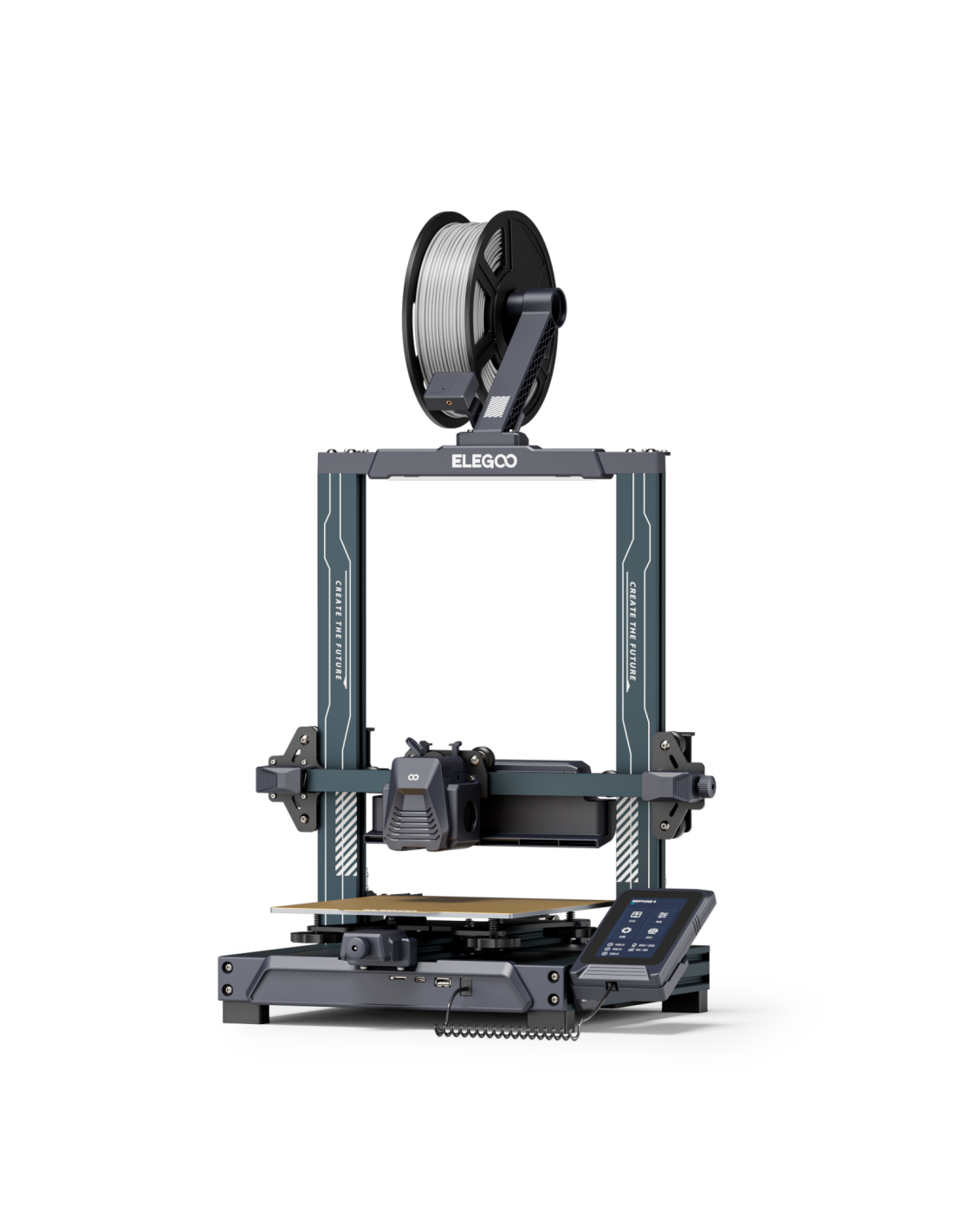 Una stampante 3D, grigio scuro con una bobina di filamento sopra. Il marchio è Elegoo. Ha uno schermo e un piano di stampa.