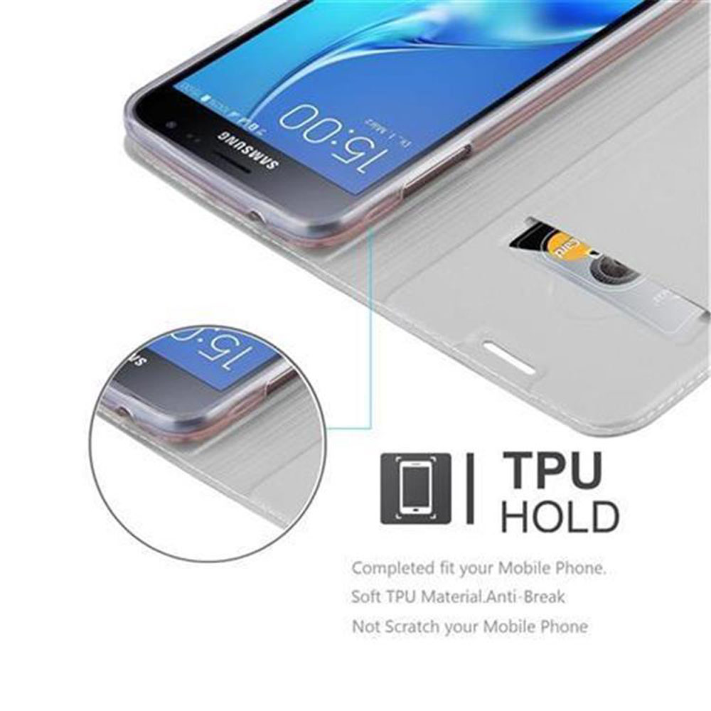 Un telefono cellulare con custodia. Il telefono mostra l'ora 15:00. La custodia ha uno slot per schede. Testo: TPU HOLD.