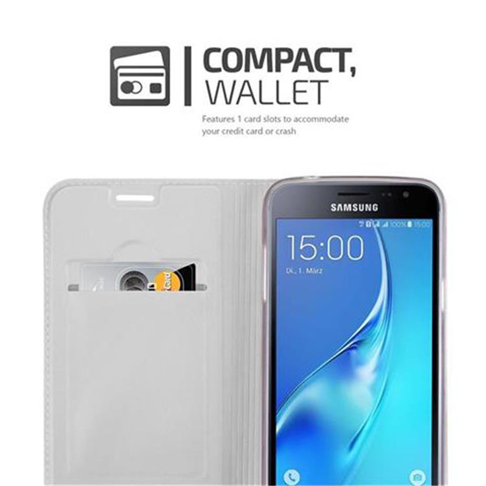 Un portafoglio bianco con scomparto per carte e un telefono Samsung che mostra le 15:00. Testo: Portafoglio compatto.