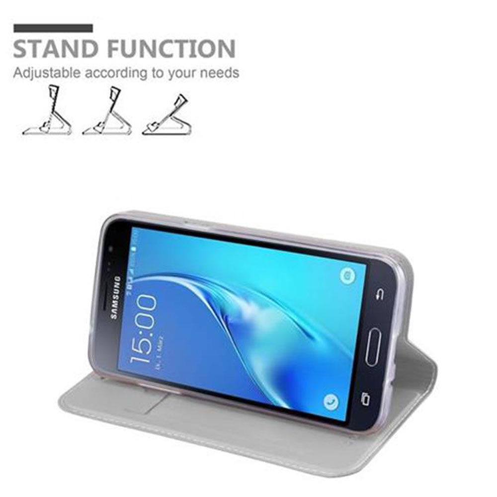Un telefono Samsung in una custodia grigia, che mostra l'ora 15:00. La custodia è aperta, mostrando la funzione stand.