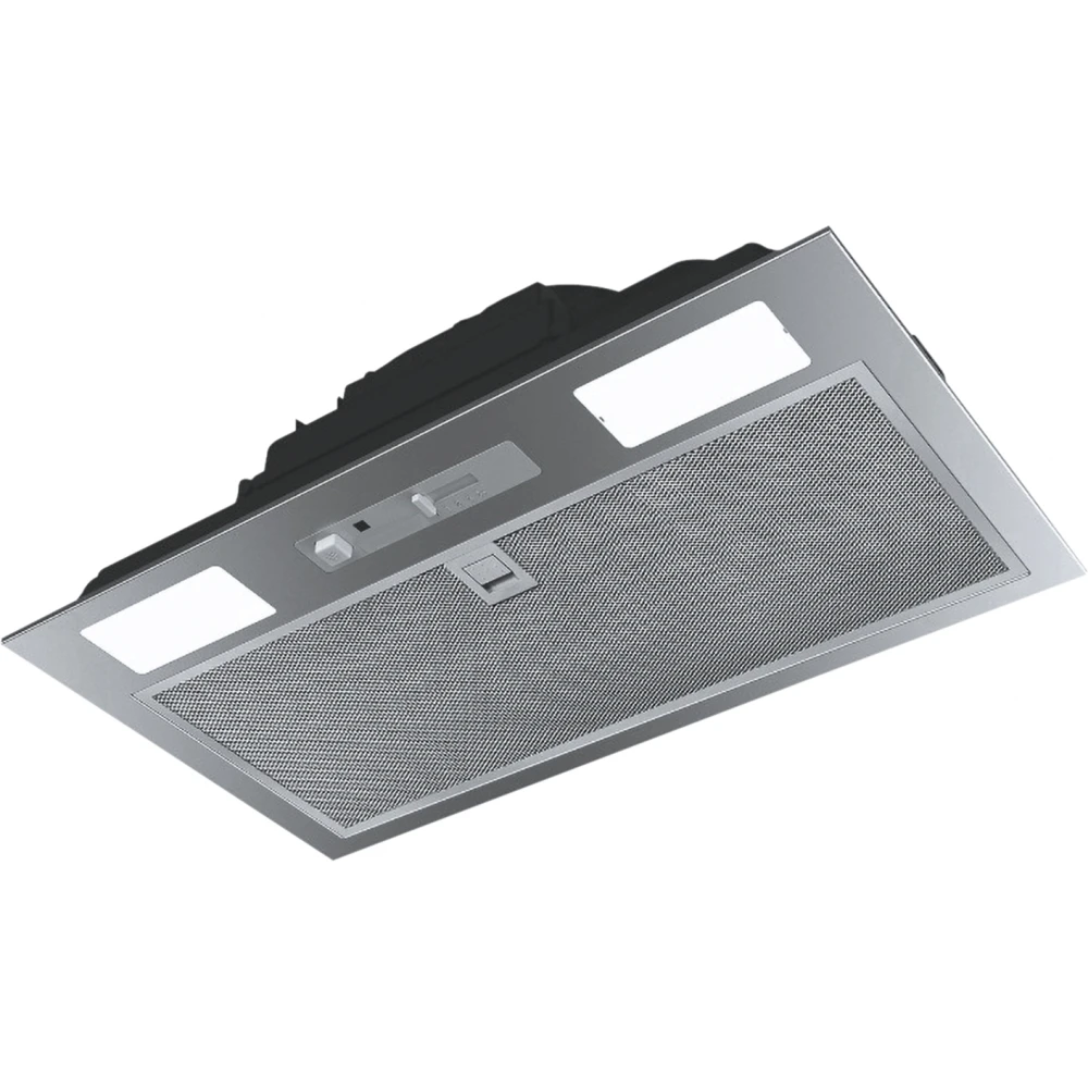 Una campana extractora de acero inoxidable con filtro de malla, luces y controles. Tiene un diseño rectangular y una parte superior negra.