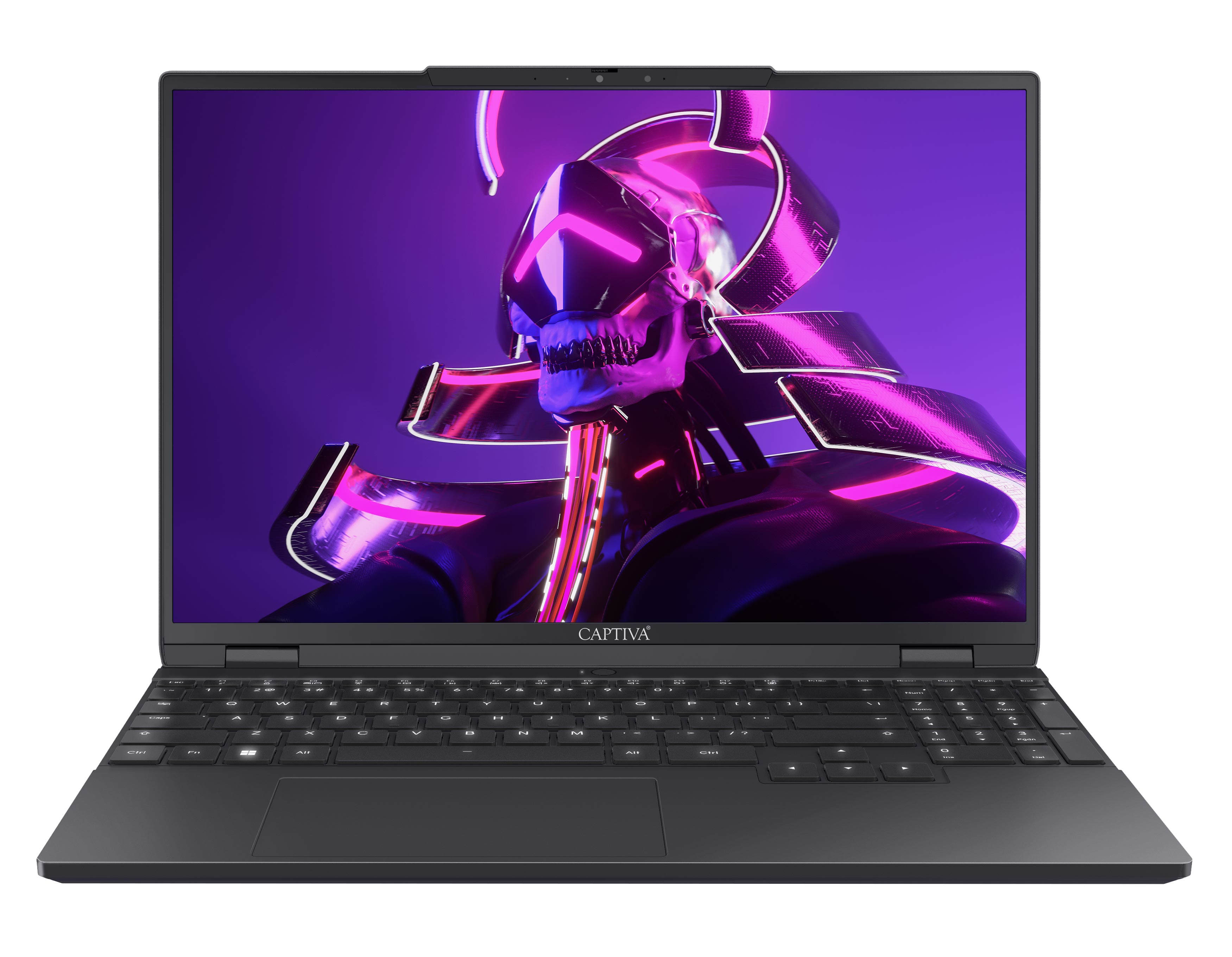 Schwarzer Laptop mit Neon-Schädel-Bildschirm. Tastatur darunter sichtbar. Die Marke ist Captiva.