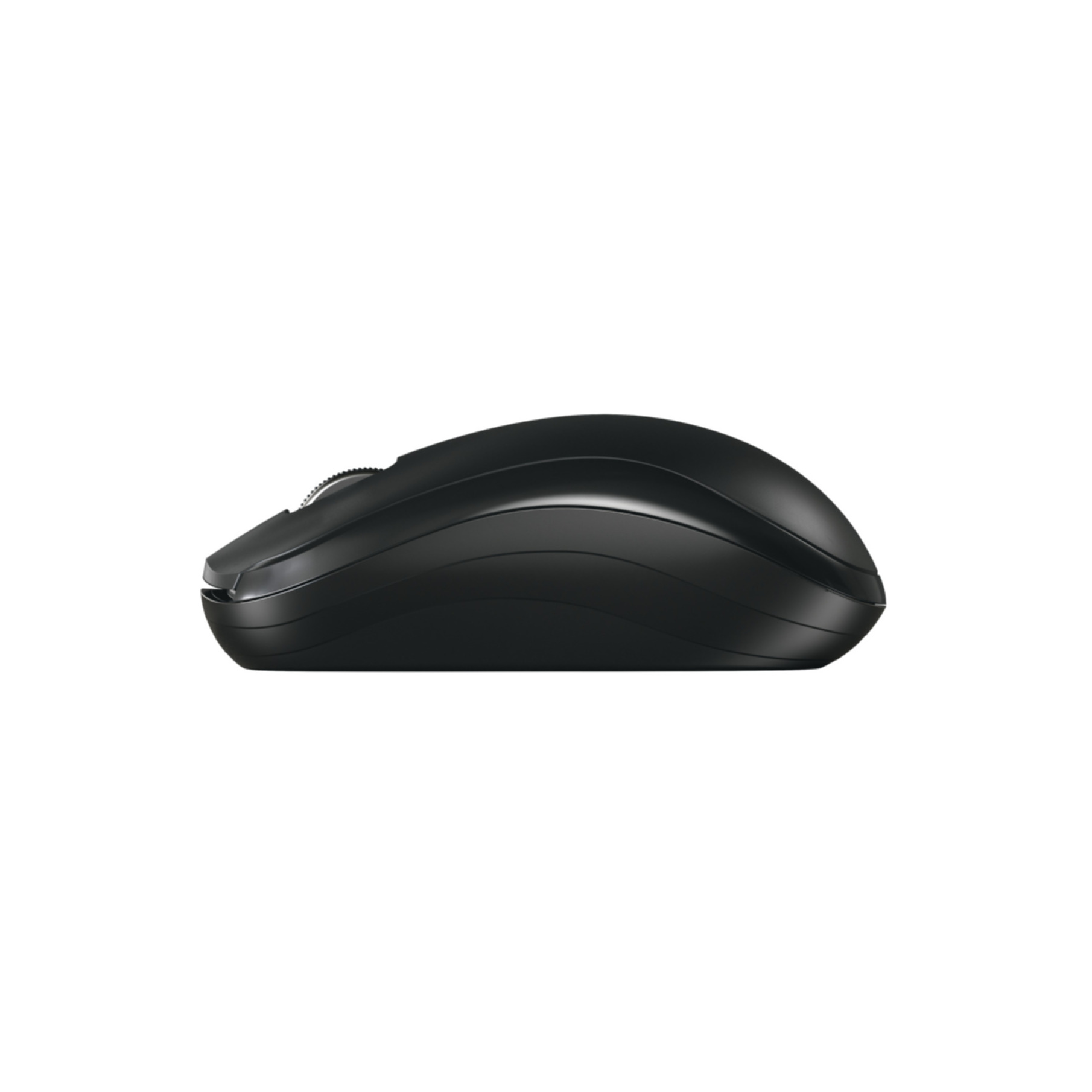 Eine schwarze Computermaus, Seitenansicht, vor weißem Hintergrund. Das Scrollrad ist sichtbar.