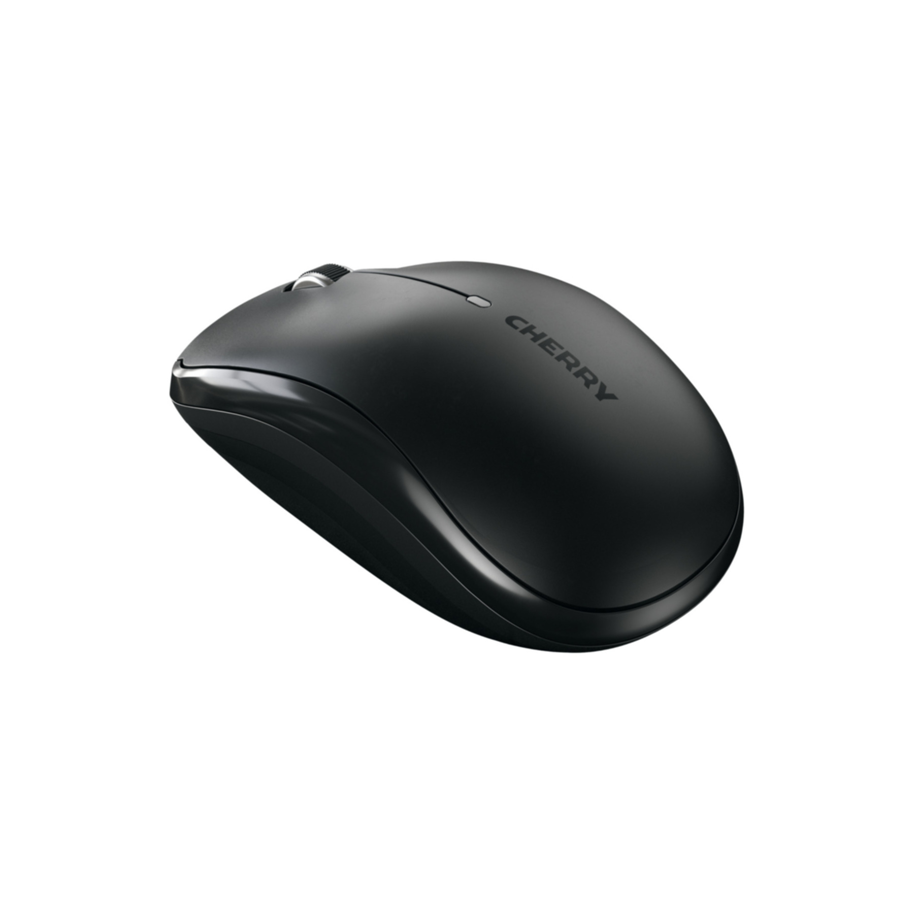 Eine schwarze Cherry-Funkmaus auf weißem Hintergrund. Sie hat ein Scrollrad und das Cherry-Logo.