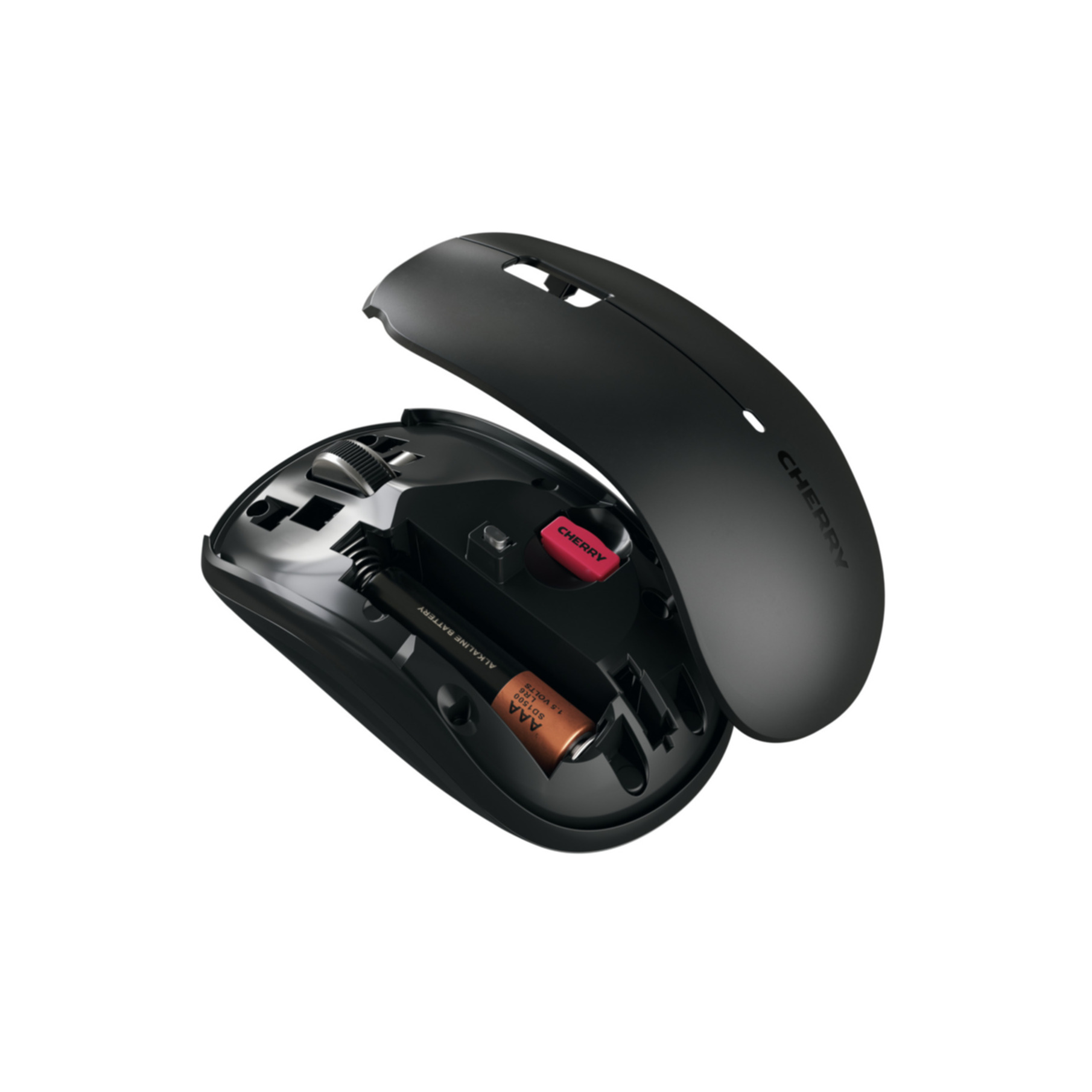 Eine schwarze Computermaus ist geöffnet und zeigt das Batteriefach mit einer Batterie. Die Oberseite der Maus ist abgenommen.