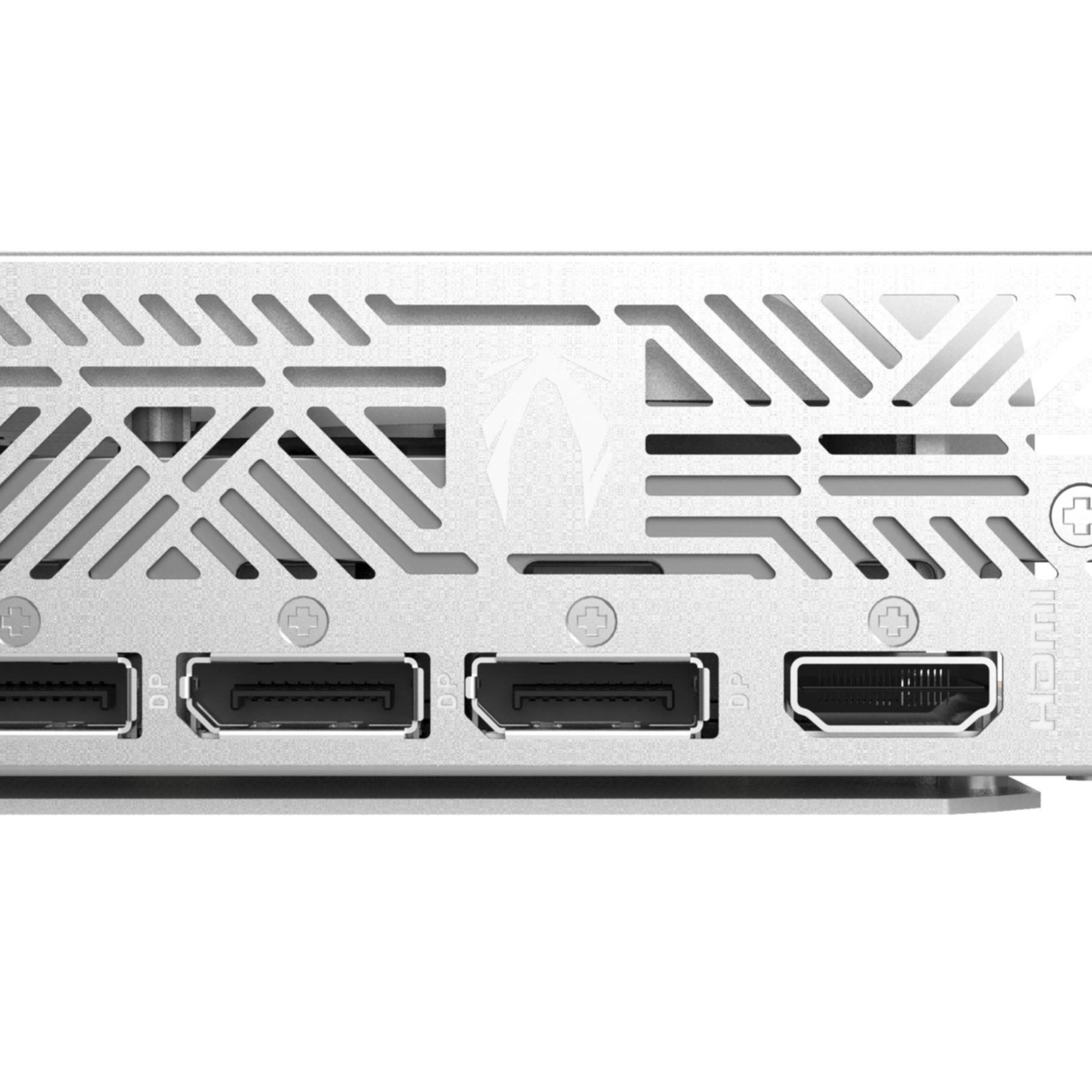 Zbliżenie srebrnej karty graficznej z wieloma portami wyświetlacza i wzorzystym wzorem. Widoczne jest logo.