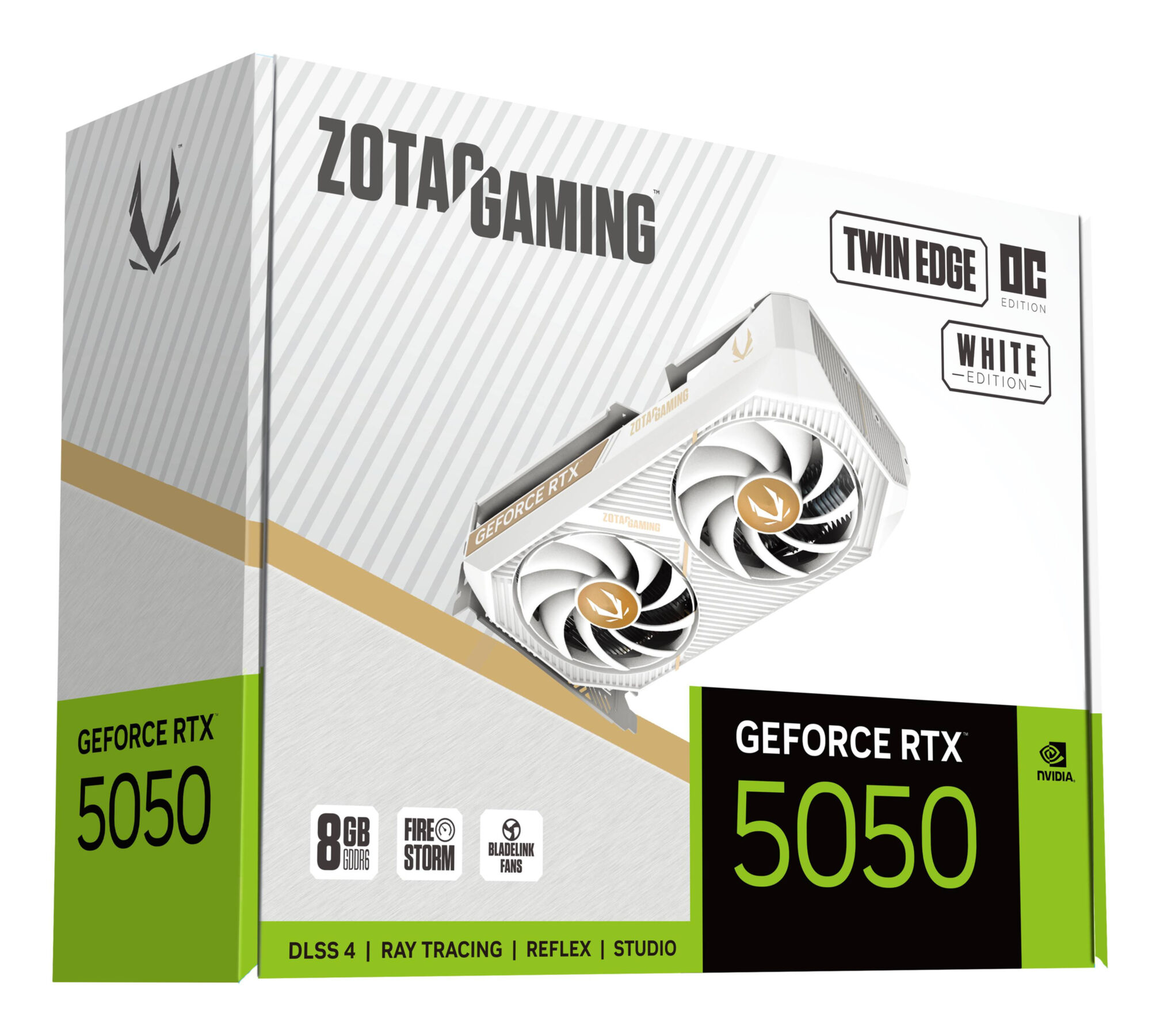 Biało-złote pudełko karty graficznej Zotac Gaming GeForce RTX 5050 ze szczegółami produktu.