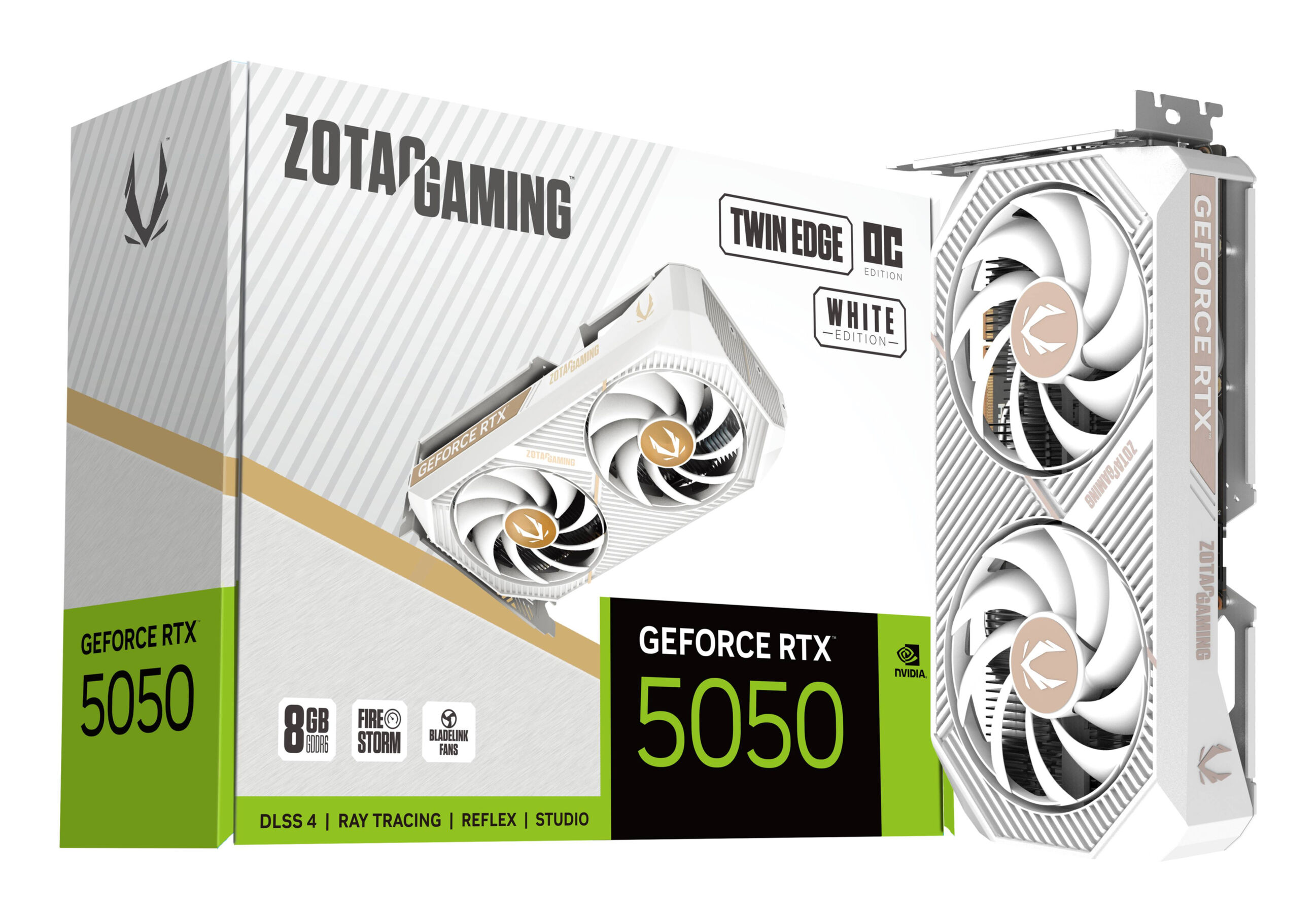Biało-czarne pudełko karty graficznej ZOTAC GAMING GeForce RTX 5050 ze zdjęciem karty.