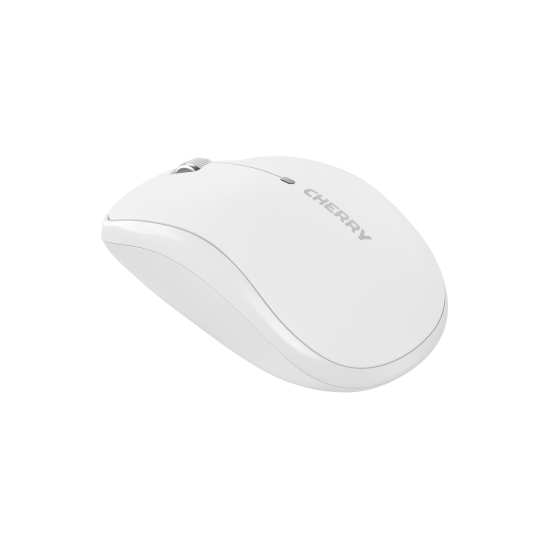 Een witte draadloze Cherry muis. Het heeft een scrollwiel en het Cherry logo. Geïsoleerd op een witte achtergrond.