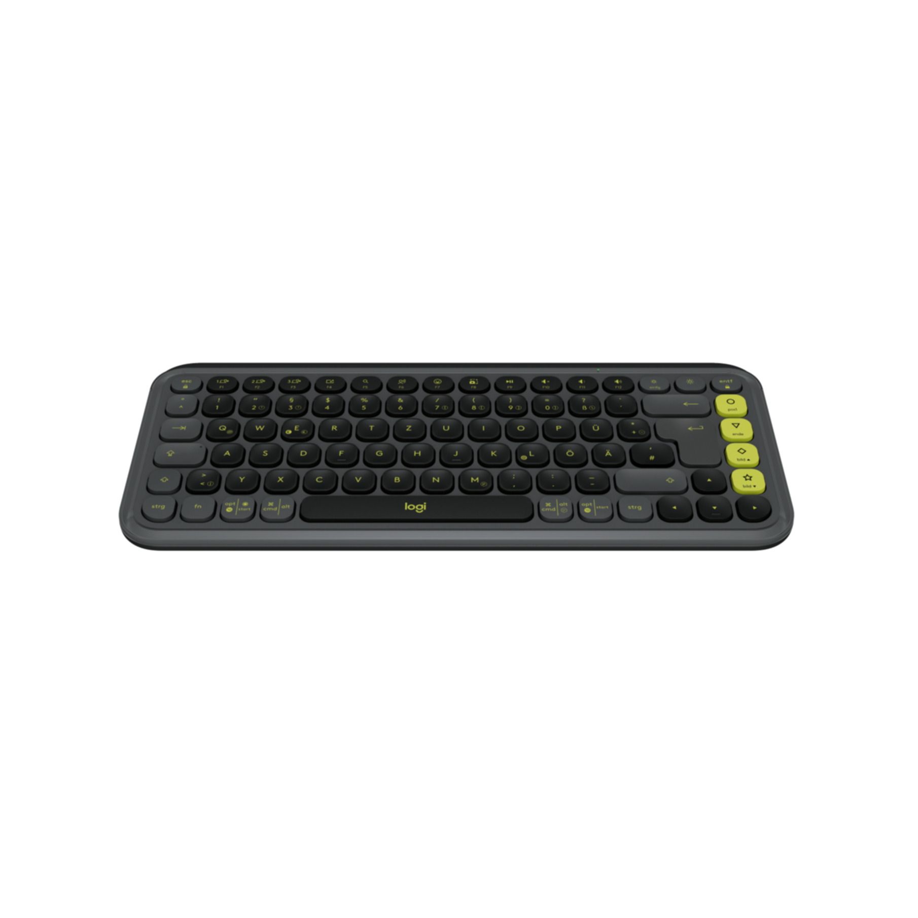 Ciemnoszara klawiatura Logitech na białym tle. Klawisze są czarne z żółtymi symbolami. Klawiatura jest wyśrodkowana.