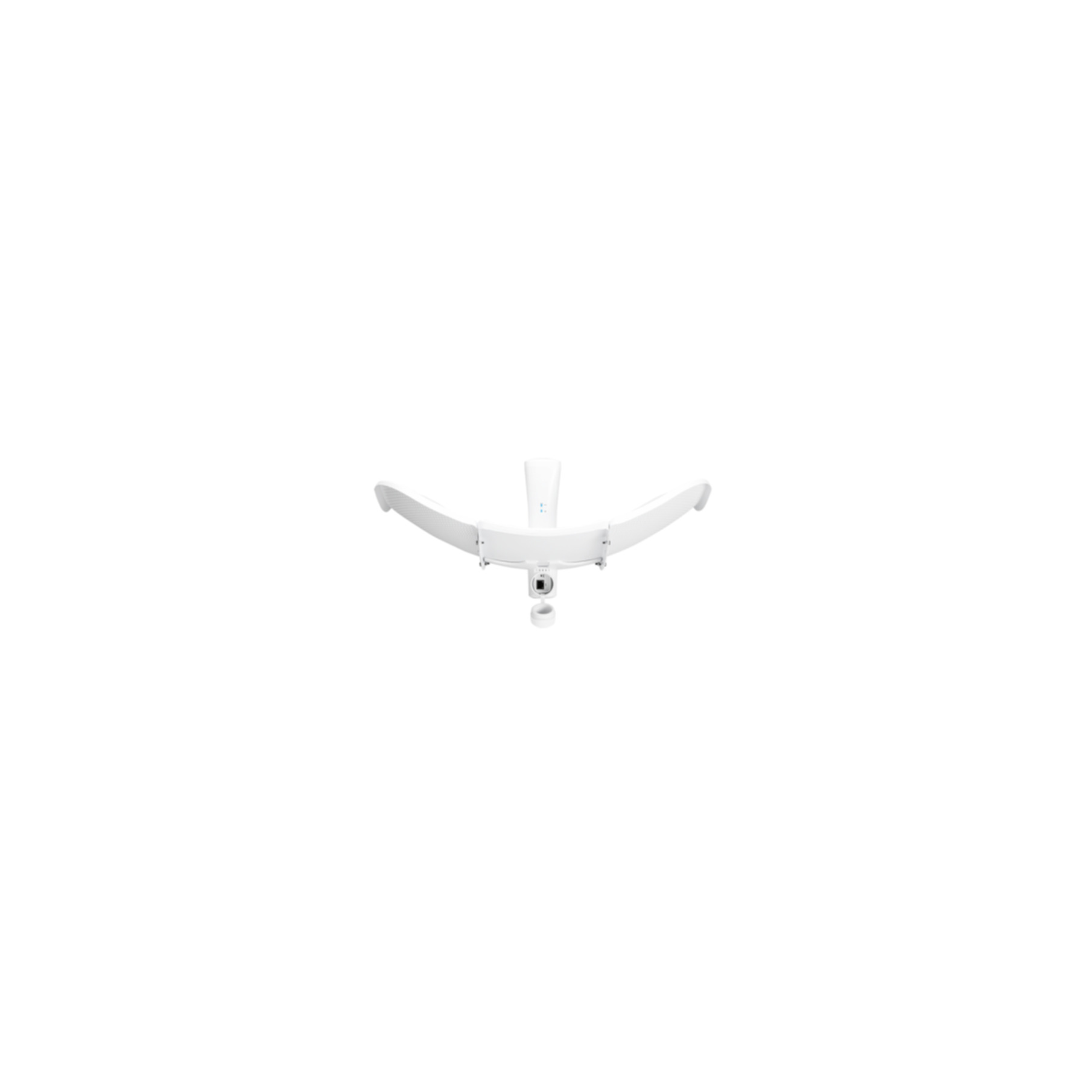 Un dispositivo bianco a forma di antenna è centrato su sfondo bianco. Ha una colonna centrale e ali curve.