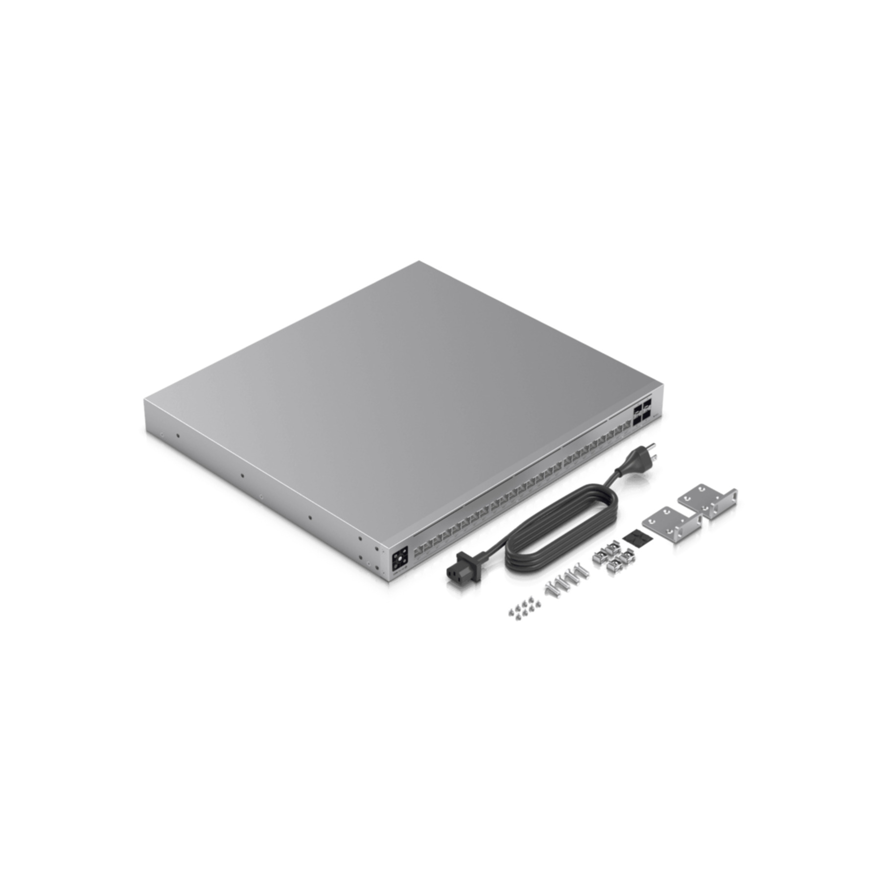 Ein silberner Netzwerk-Switch mit Netzkabel, Montagehalterungen und Schrauben auf weißer Oberfläche.