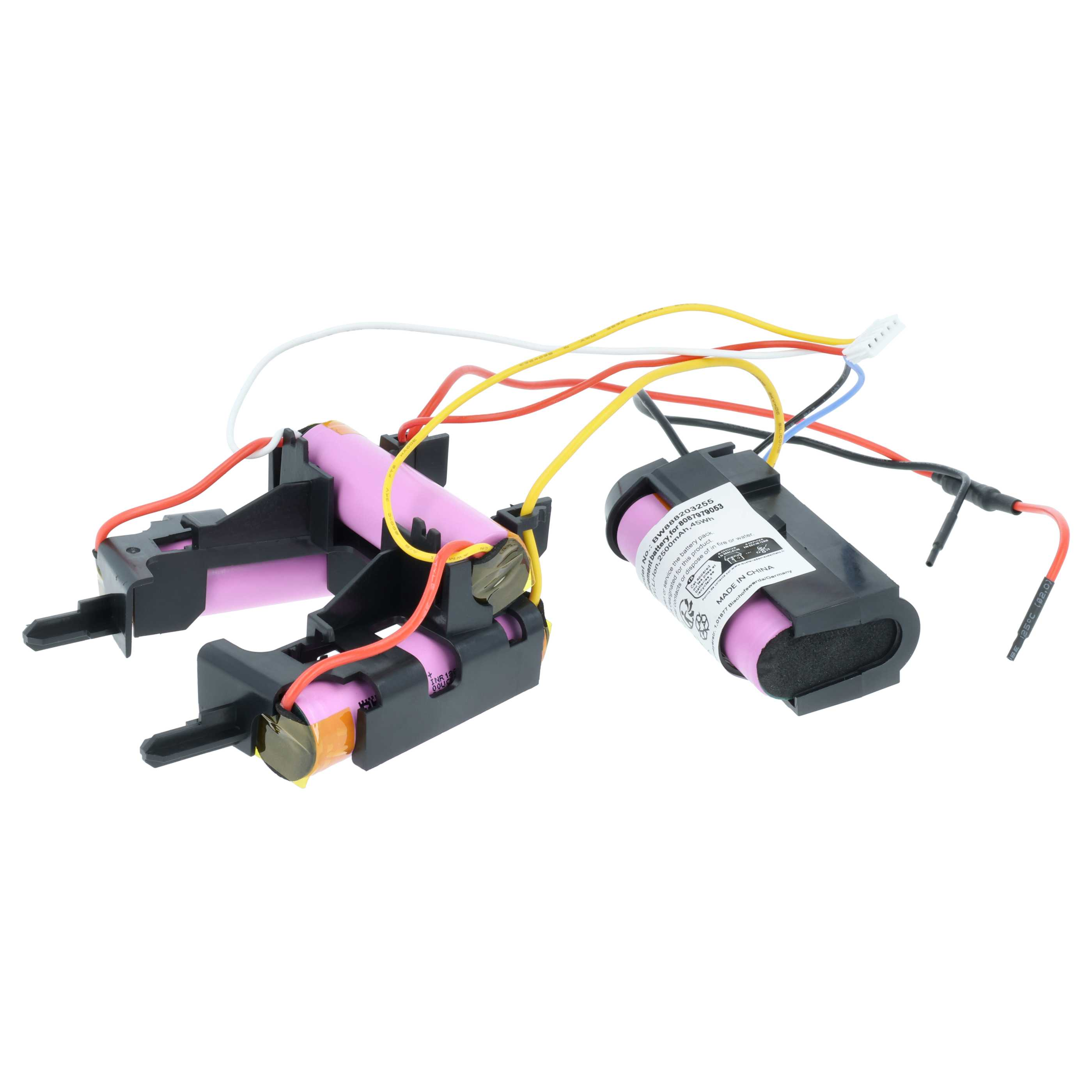 Draufsicht zeigt Akkupacks mit Drähten verbunden. Die Batterien sind rosa und schwarz.