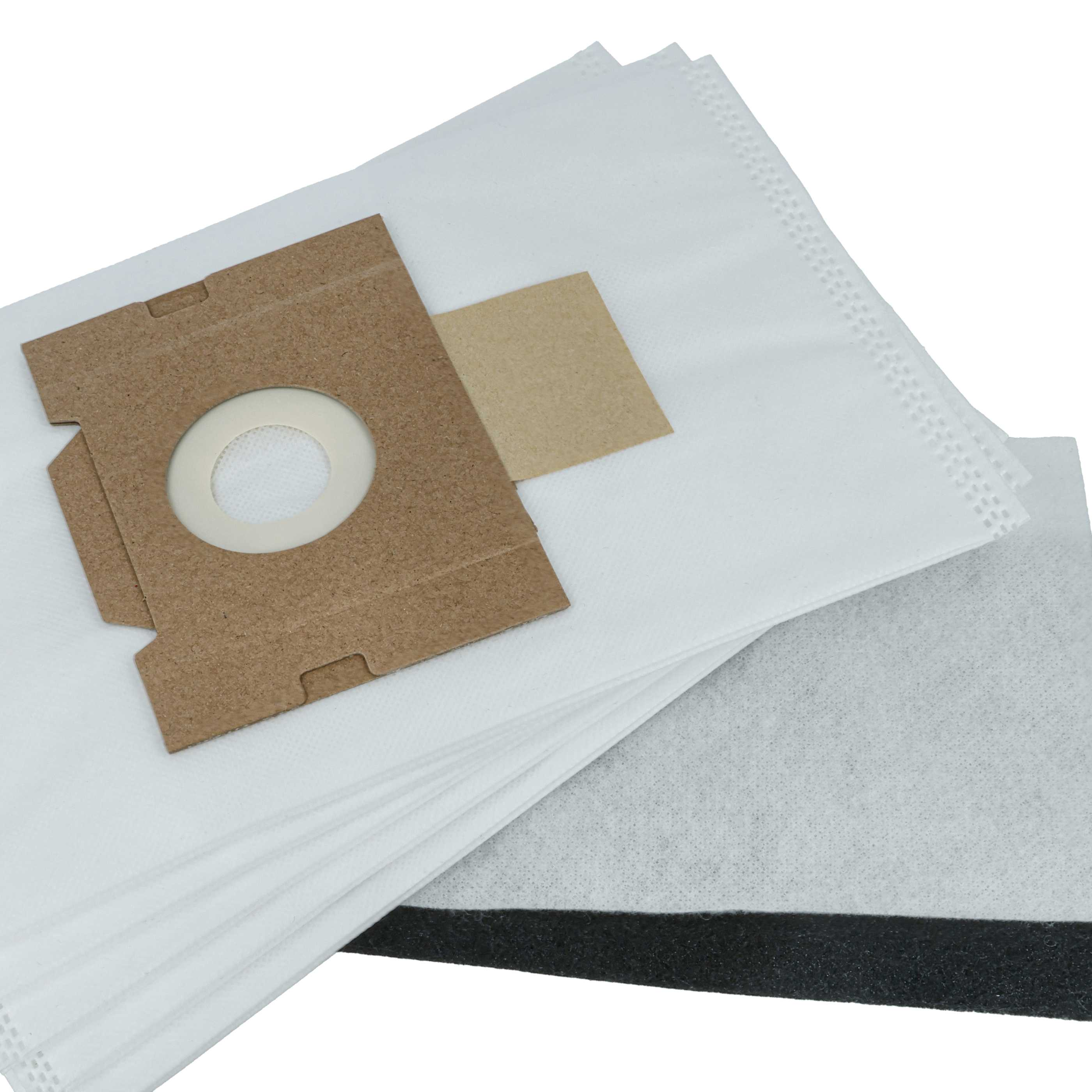 Das Bild zeigt Staubsaugerfilter. Die Filter sind weiß mit einem braunen Kartonstück. Ein schwarzes Material ist ebenfalls vorhanden.