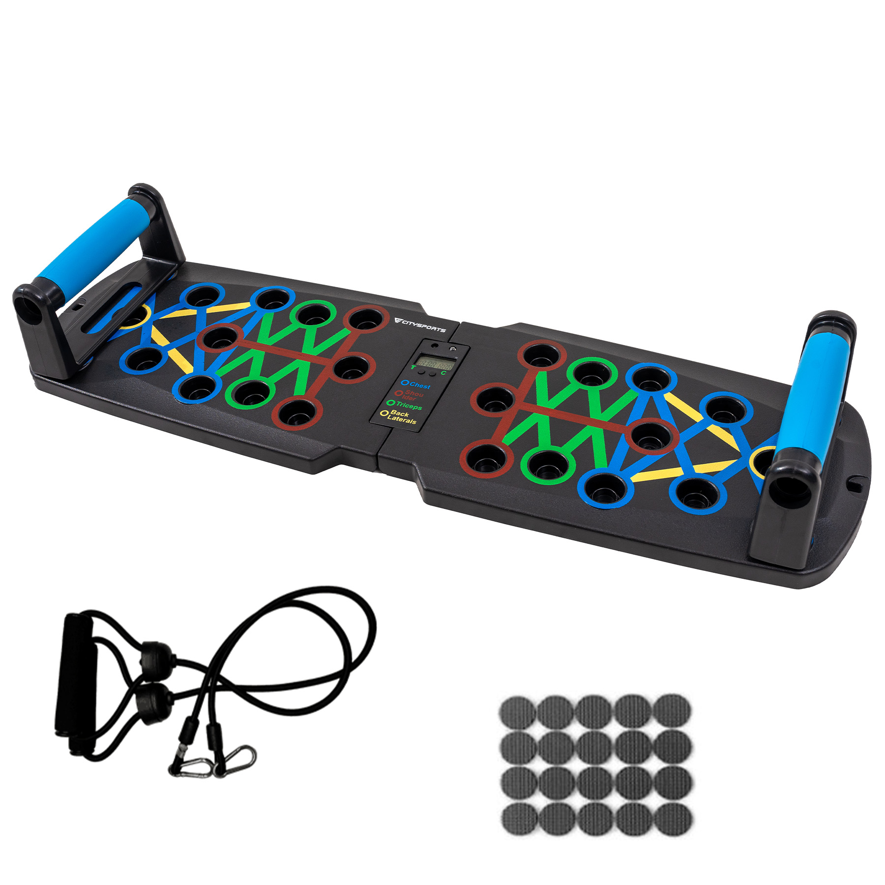 Czarna deska do pompek z kolorowymi oznaczeniami, niebieskimi uchwytami i akcesoriami: gumy oporowe i podkładki podłogowe. Widoczny wyświetlacz cyfrowy.