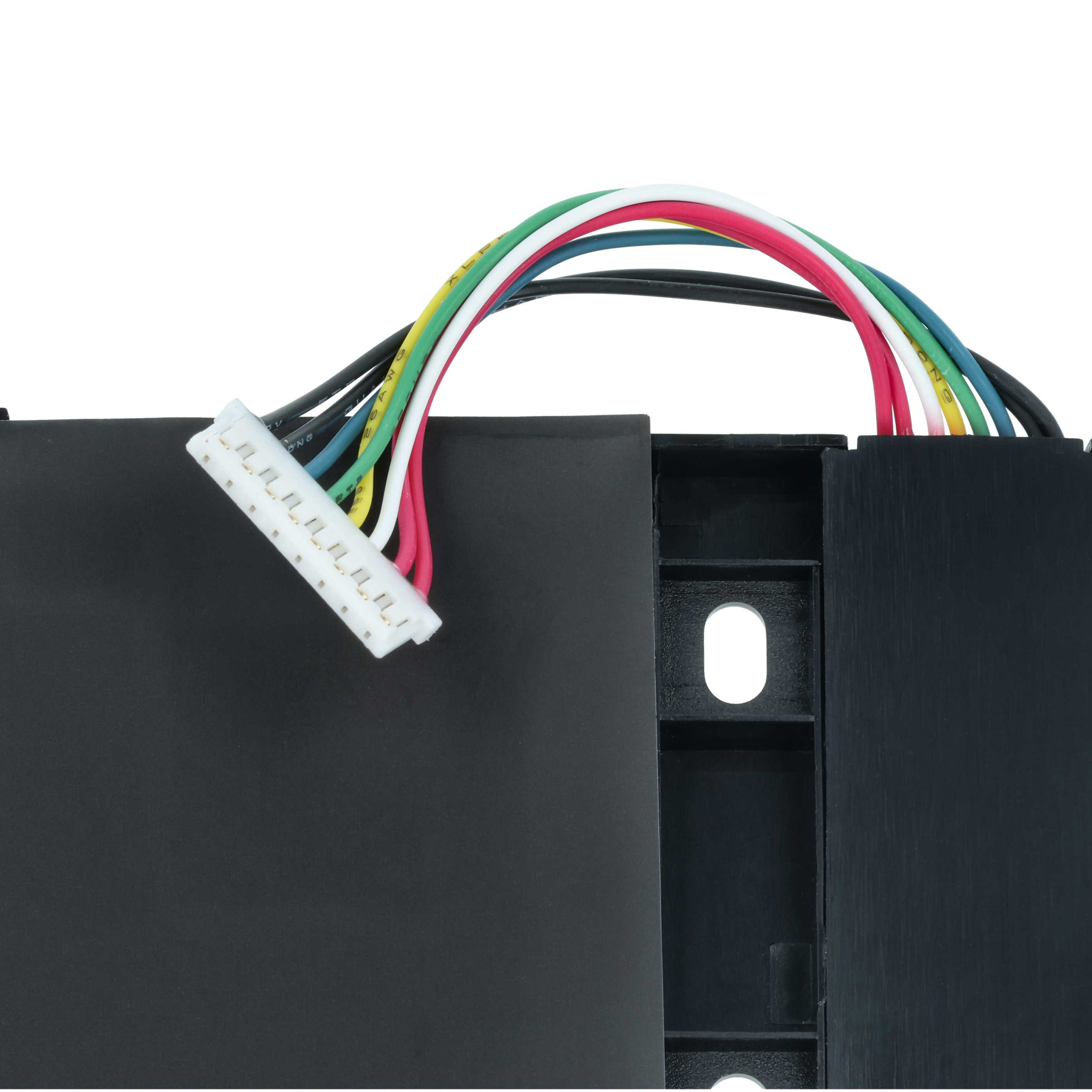Eine schwarze elektrische Komponente mit einem weißen Stecker und bunten Drähten.