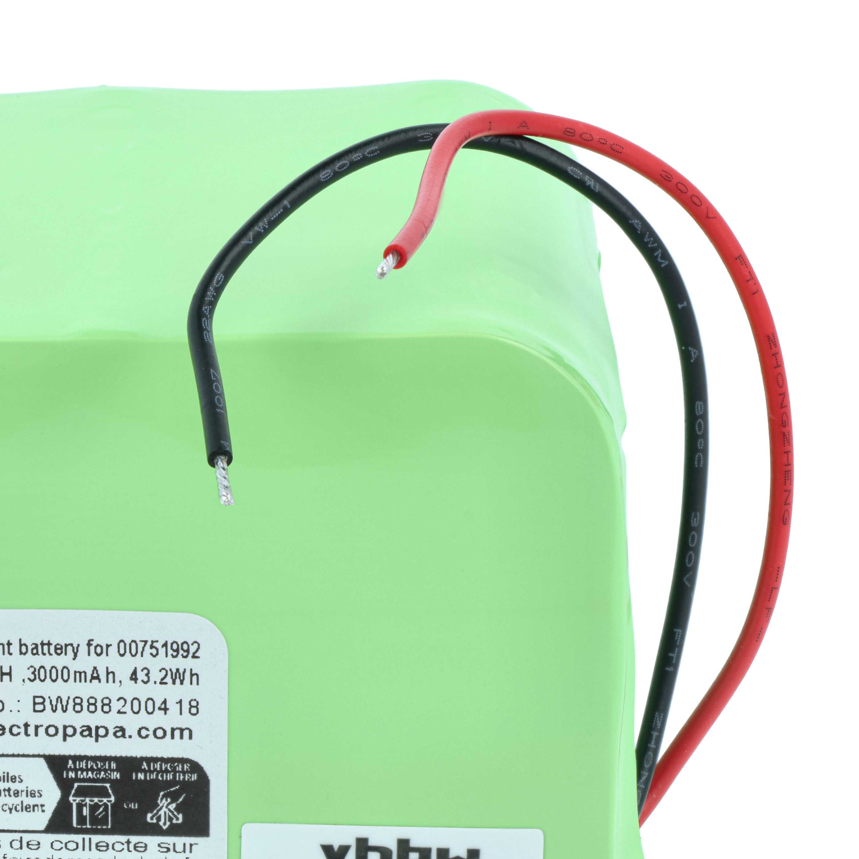 Nahaufnahme einer grünen Batterie mit roten und schwarzen Drähten. Text und Symbole an der Seite.