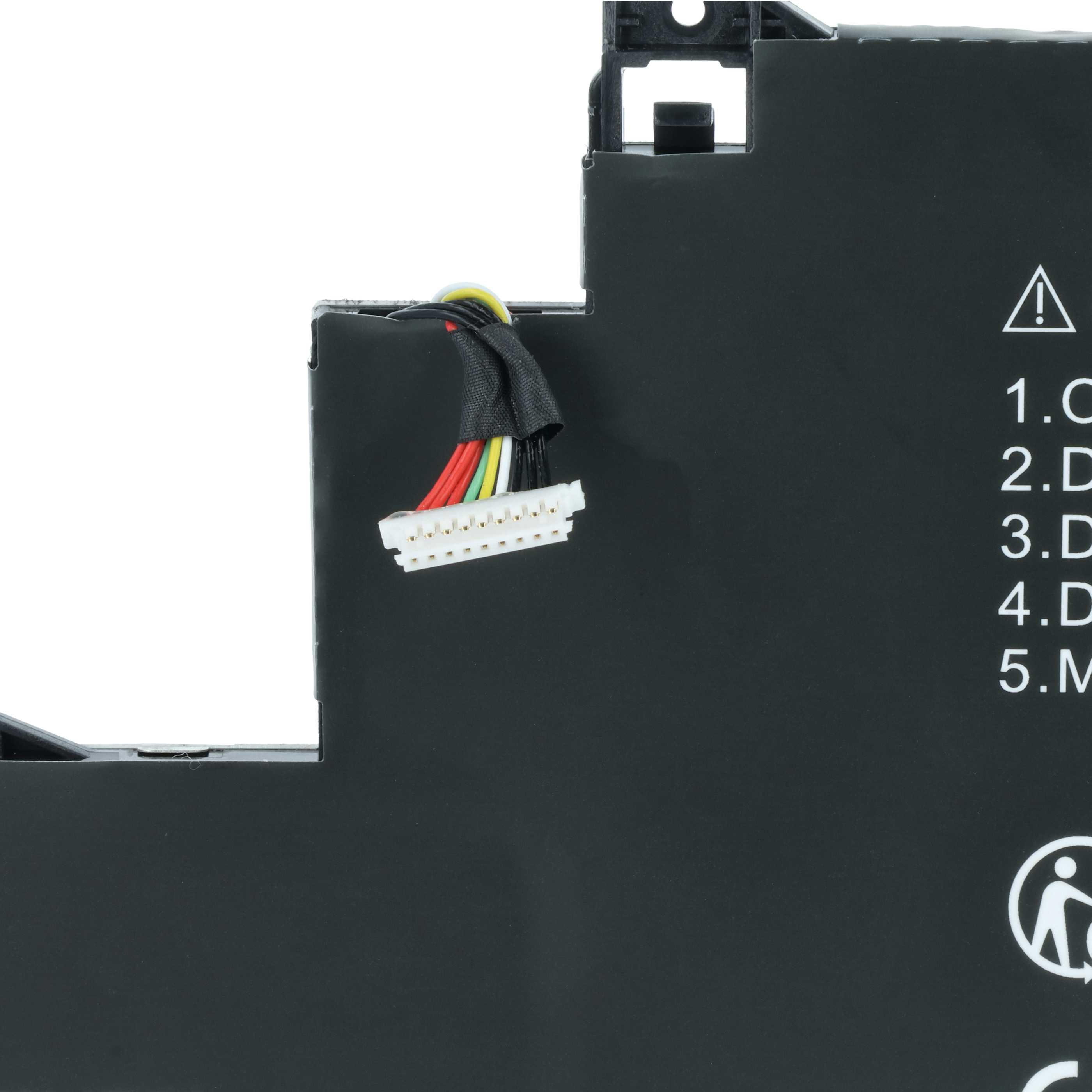 Schwarzer Akku mit weißem Stecker und farbigen Drähten. Warnsymbol und Text sind rechts sichtbar.