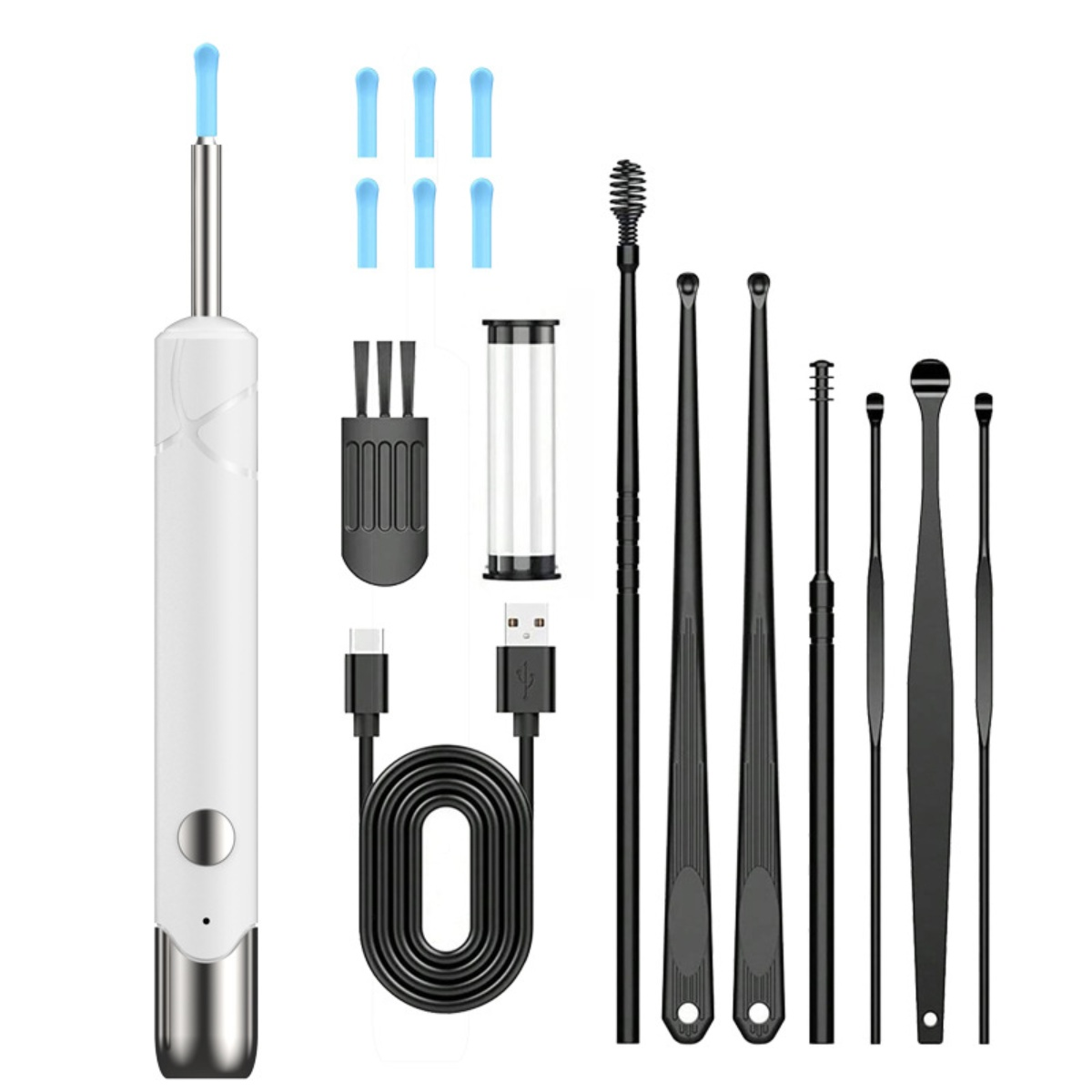 Ein weißes Ohrreinigungsset mit verschiedenen schwarzen Werkzeugen und Zubehör, darunter ein USB-Kabel und blaue Spitzen.