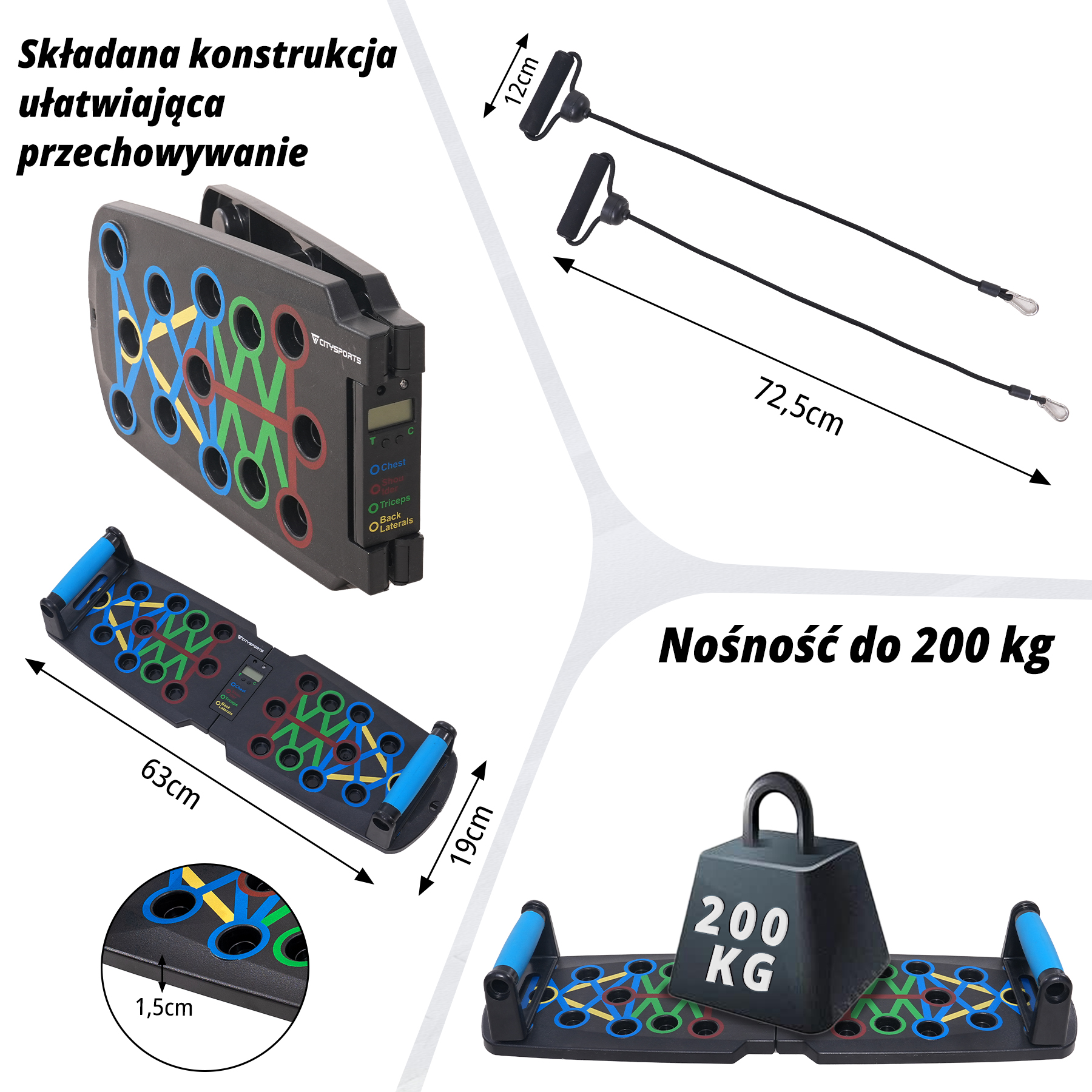 Deska do ćwiczeń z niebieskimi uchwytami, taśmami oporowymi i ciężarem. Wymiary i etykiety są wyświetlane na zdjęciu.