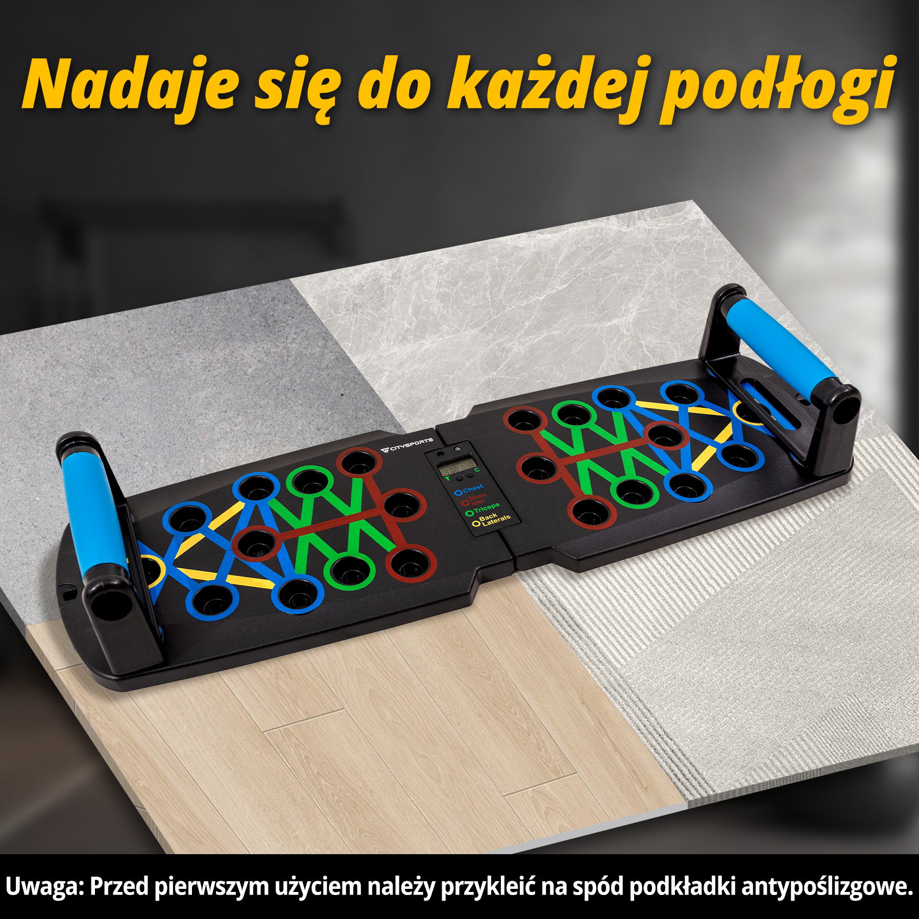 Czarna deska do pompek z niebieskimi uchwytami. Posiada kolorowe otwory i tekst po polsku. Deska leży na wzorzystej powierzchni.