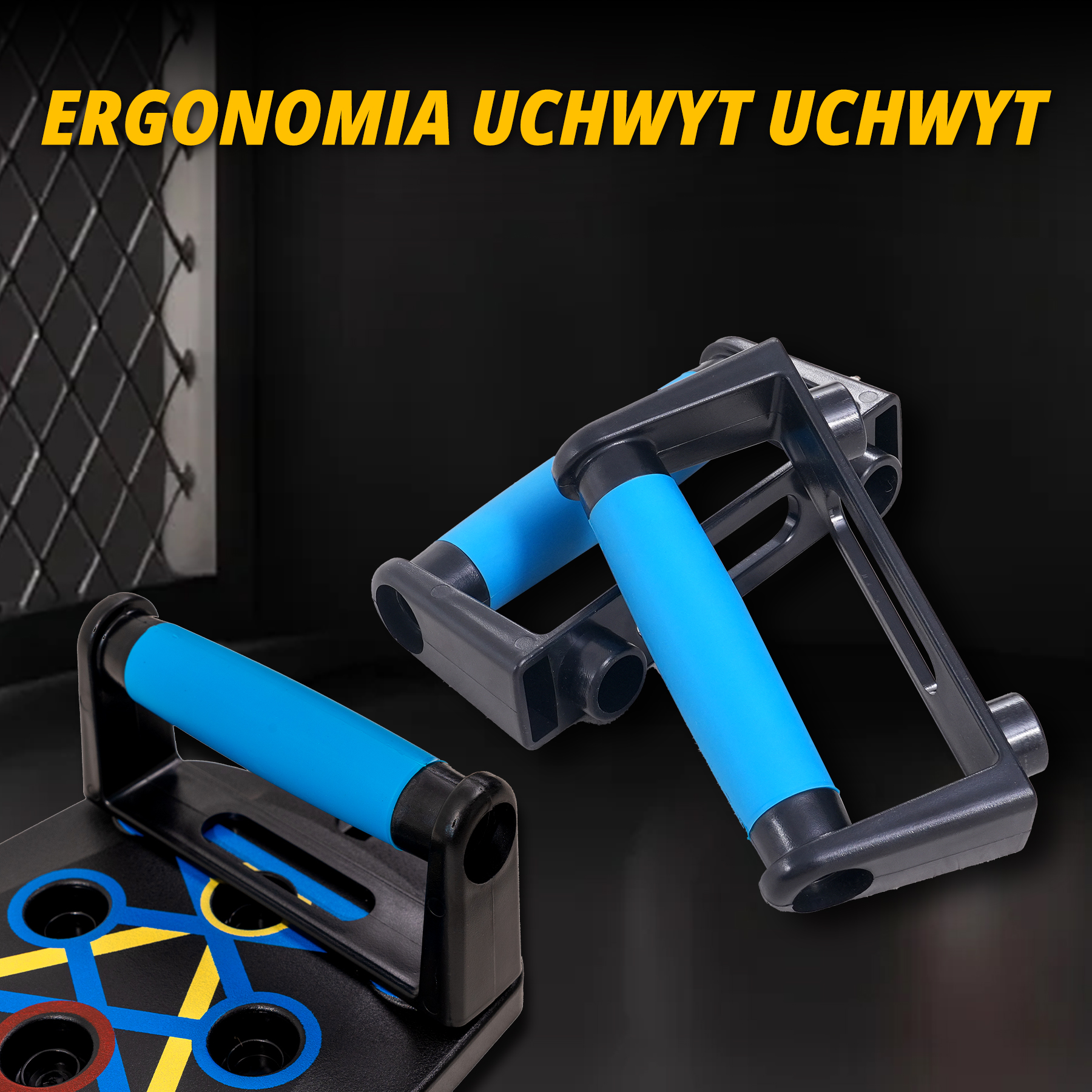 Stojaki do pompek z niebieskimi uchwytami i czarnymi ramami. Czarne tło z żółtym tekstem: ERGONOMIA UCHWYT UCHWYT.
