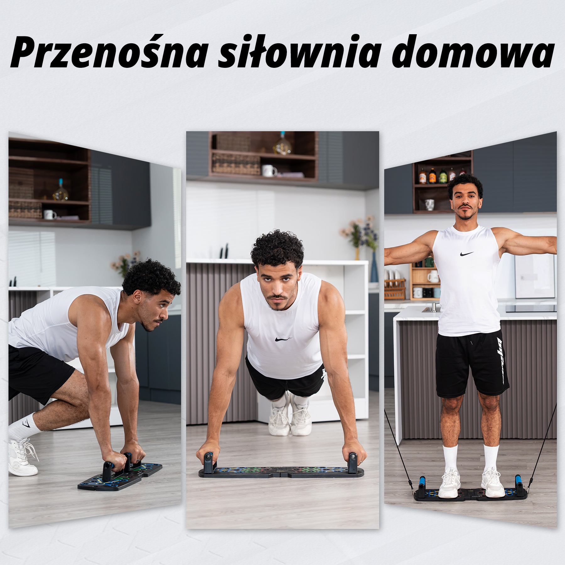 Mężczyzna demonstruje ćwiczenia z domową siłownią. Jest pokazywany w różnych pozycjach, używając deski do pompek i taśm oporowych.