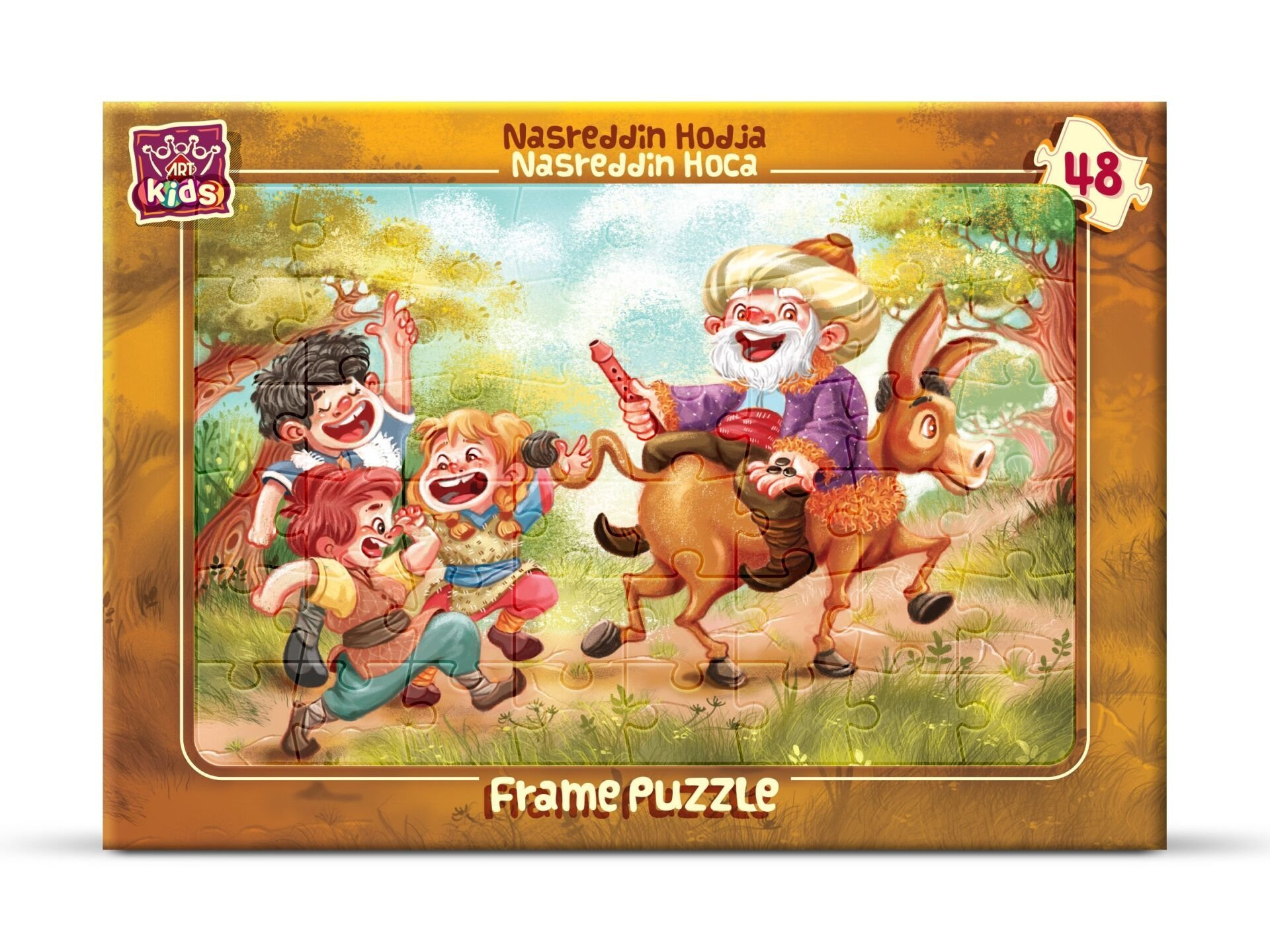 Bir yapboz, Nasreddin Hoca'yı eşeğe binmiş, çocuklar tarafından kovalanırken gösteriyor. Sahne, 'Frame Puzzle' etiketiyle bir ormanda geçiyor.