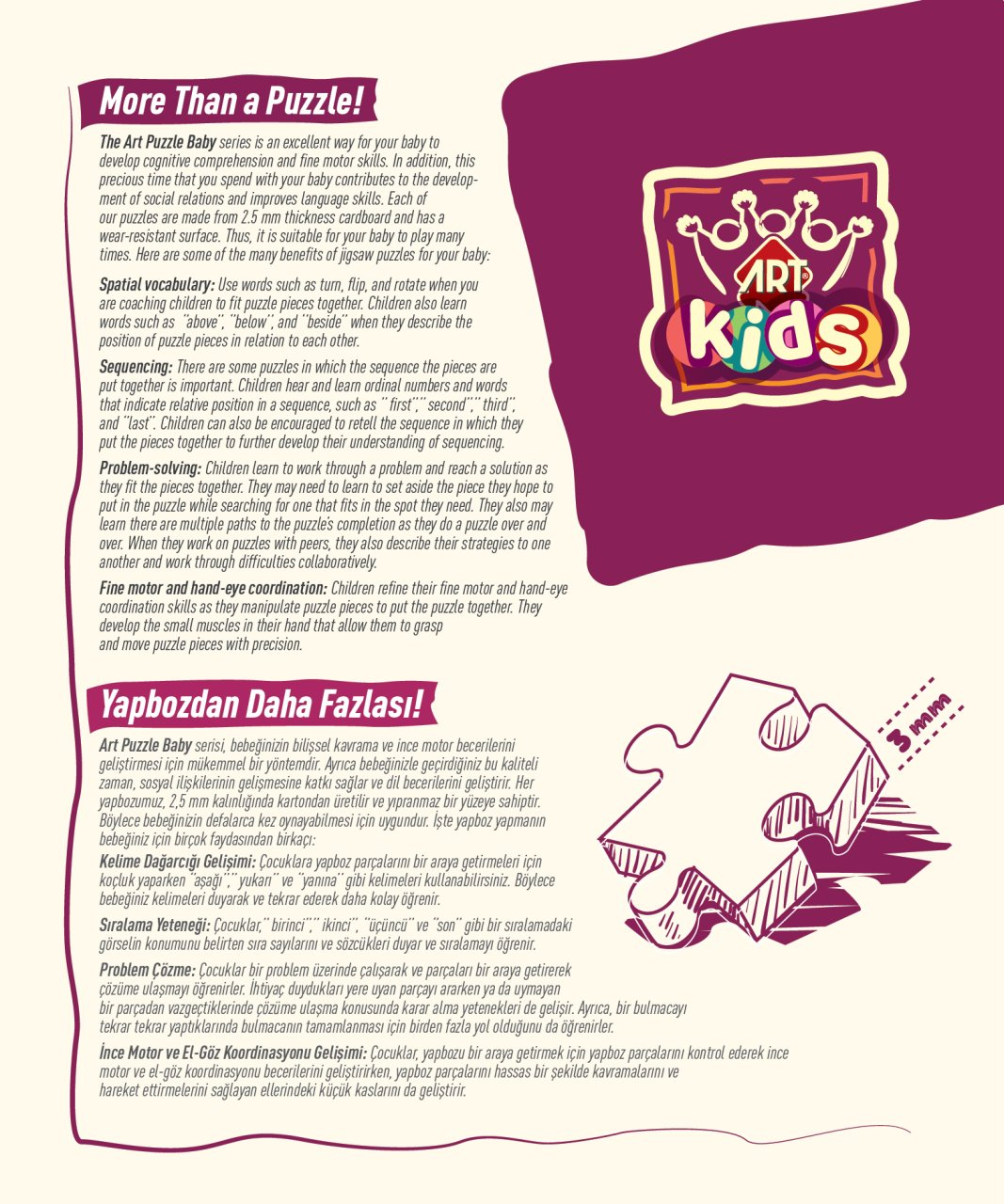 'ART kids' yazılı renkli bir logo, yapboz parçaları ve bulmacaların faydaları hakkında bir metin.