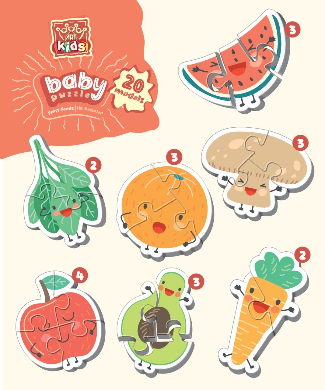Un puzzle per bambini con forme di cibo: anguria, spinaci, arancia, fungo, mela, avocado e carota. Ognuno ha una faccia felice.