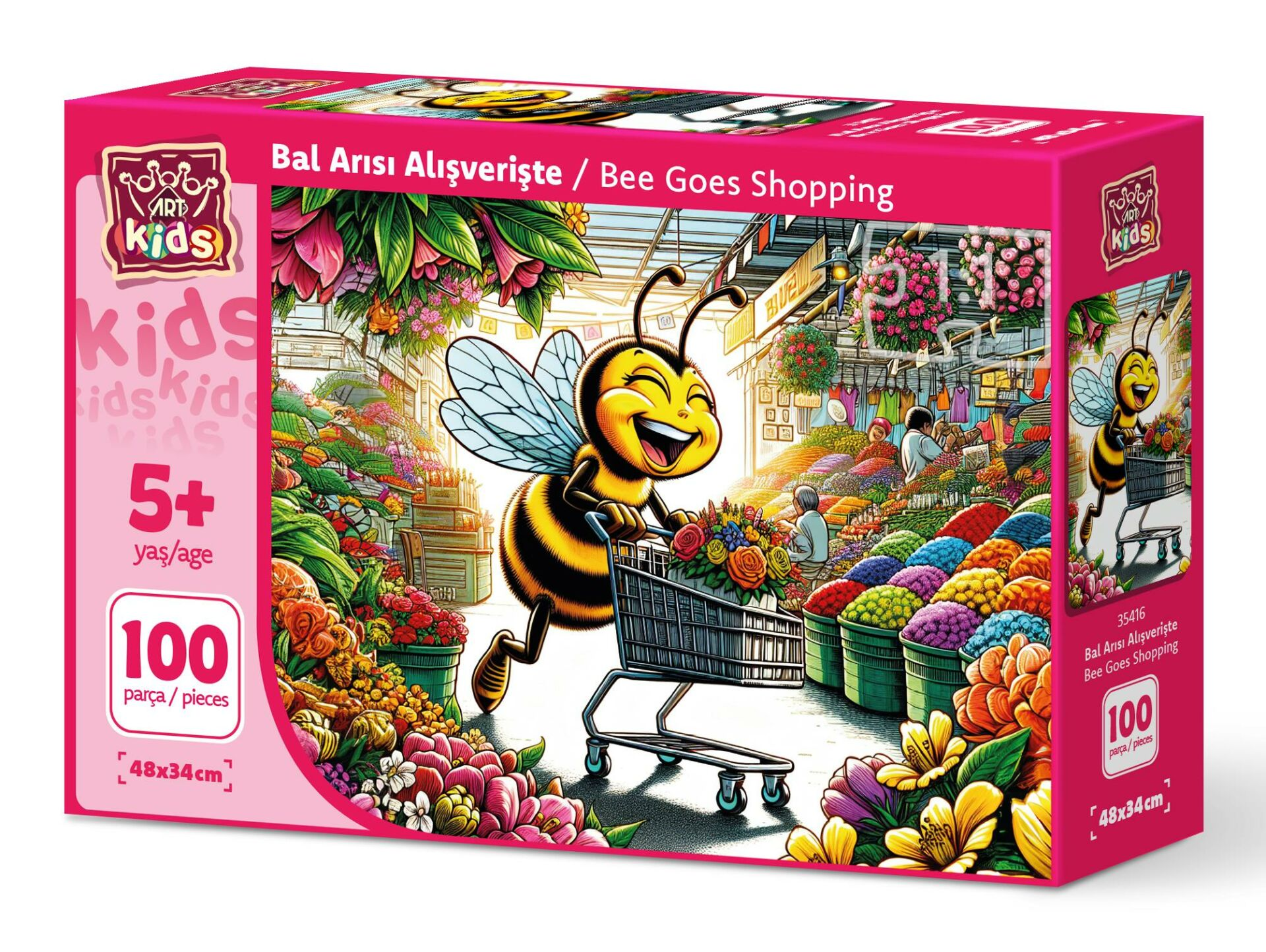 Bir arı, bir pazarda çiçeklerle dolu bir alışveriş arabasını itiyor. Kutuda "Bee Goes Shopping" yazıyor.