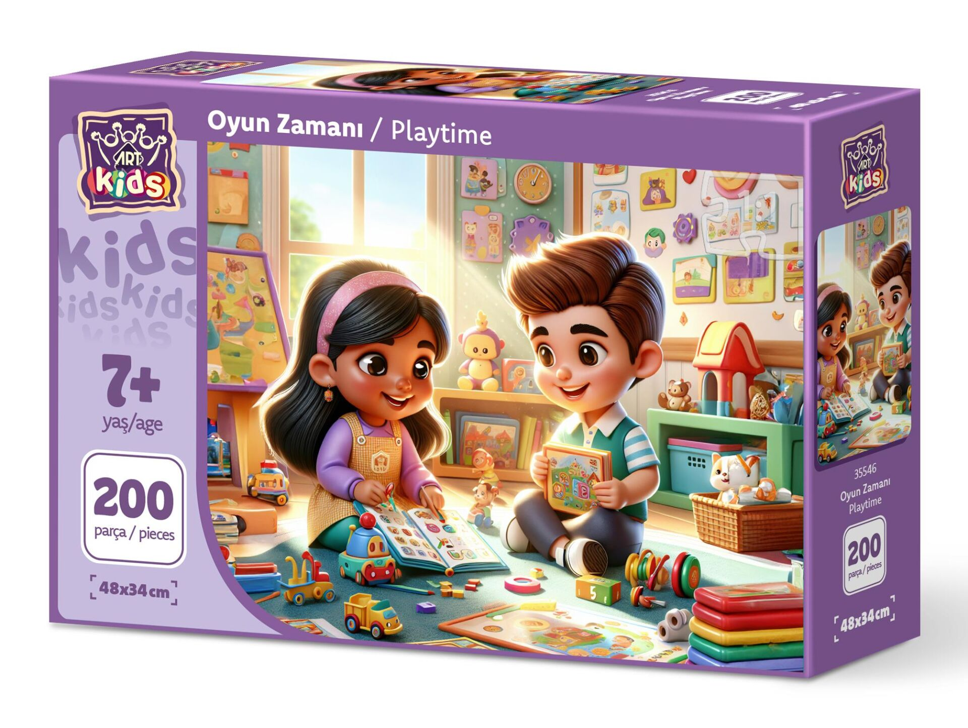 İki çizgi film çocuğunun oyuncaklarla çevrili olarak oyun oynadığı bir çocuk bulmacasının kutusu. Kutuda 'Playtime' ve '200 parça' yazıyor.