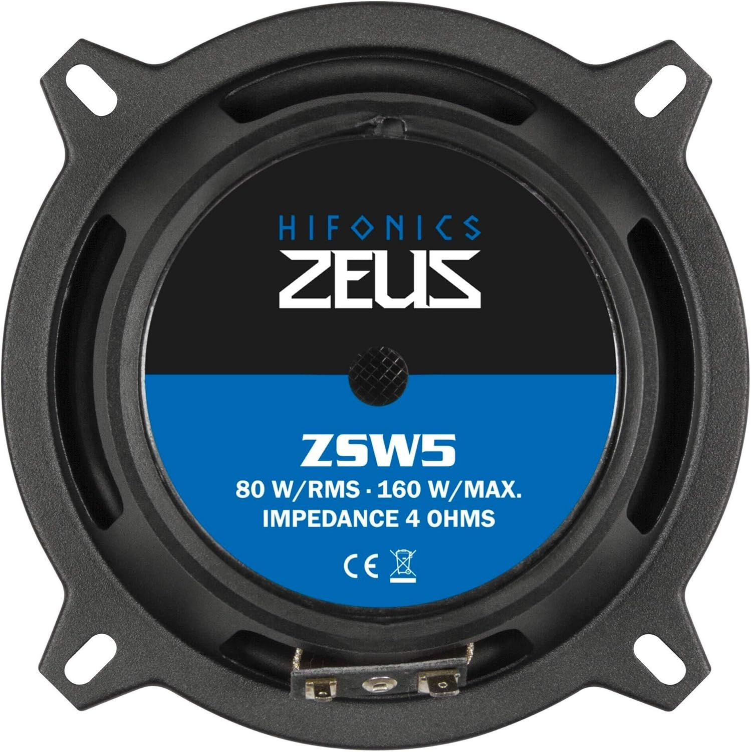 Ein schwarzer und blauer Lautsprecher. Er hat den Markennamen 'Hifonics Zeus'. Spezifikationen und CE-Kennzeichnung sind ebenfalls sichtbar.
