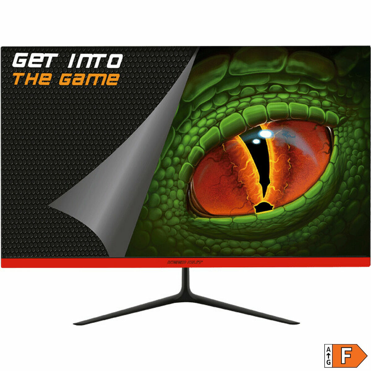 Un monitor de computadora con un gráfico de ojo de lagarto. Tiene un soporte negro y un borde inferior rojo.