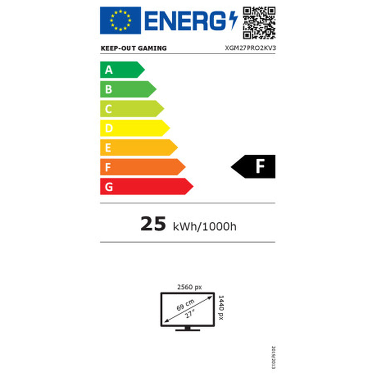 Etiqueta energética con clasificación F. Incluye especificaciones para monitor: 25 kWh/1000h, pantalla 27" y resolución.