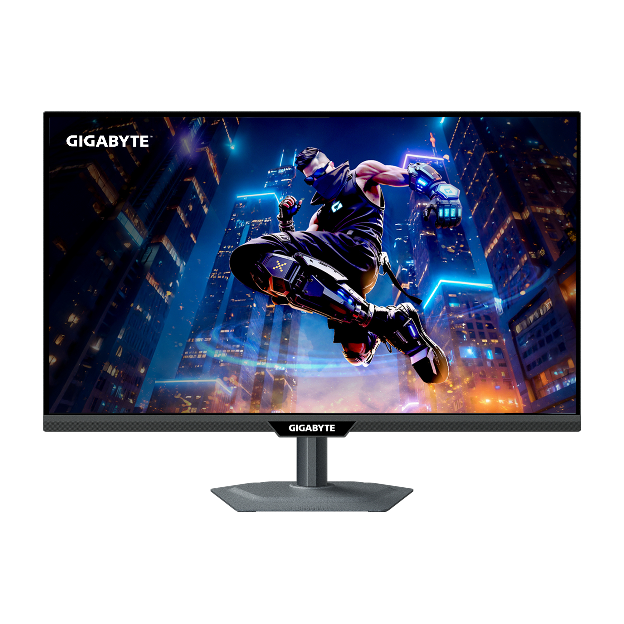 Monitor Gigabyte wyświetla futurystyczny obraz skaczącego mężczyzny na tle krajobrazu miejskiego z niebieskimi światłami.