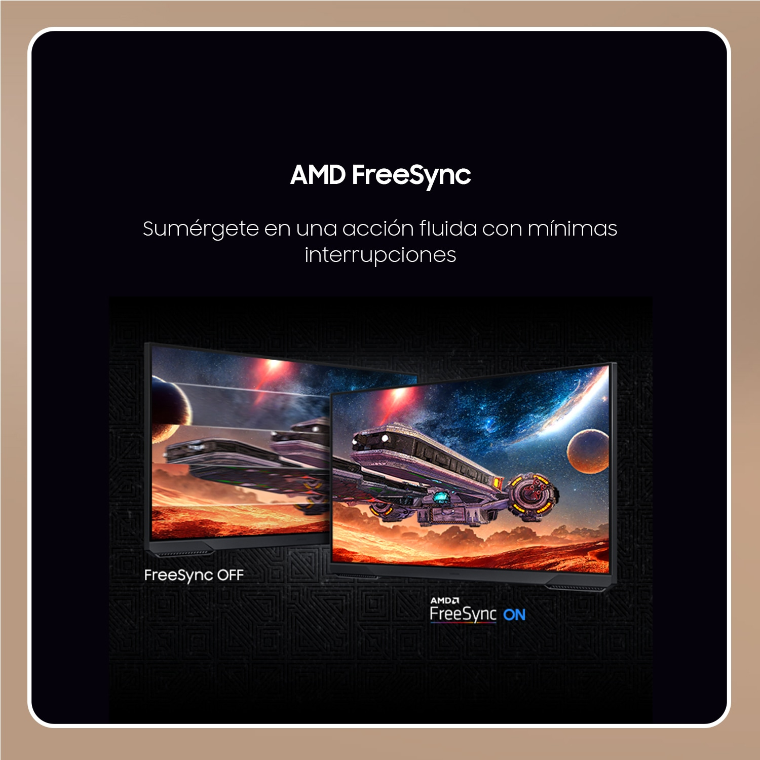 Obraz pokazuje dwa ekrany, jeden z wyłączonym FreeSync, drugi z włączonym. Oba wyświetlają statek kosmiczny w kosmosie z planetami.