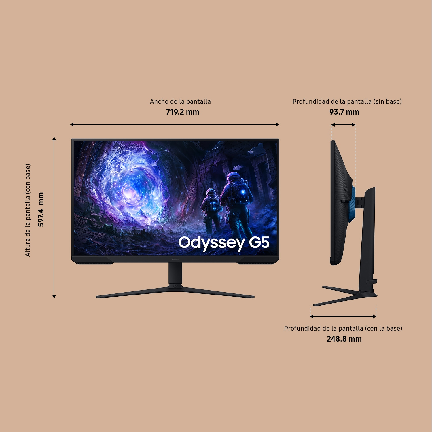 Monitor Samsung Odyssey G5 wyświetla mgławicę. Wymiary: szerokość 719,2 mm, wysokość 597,4 mm, głębokość 93,7 mm/248,8 mm.