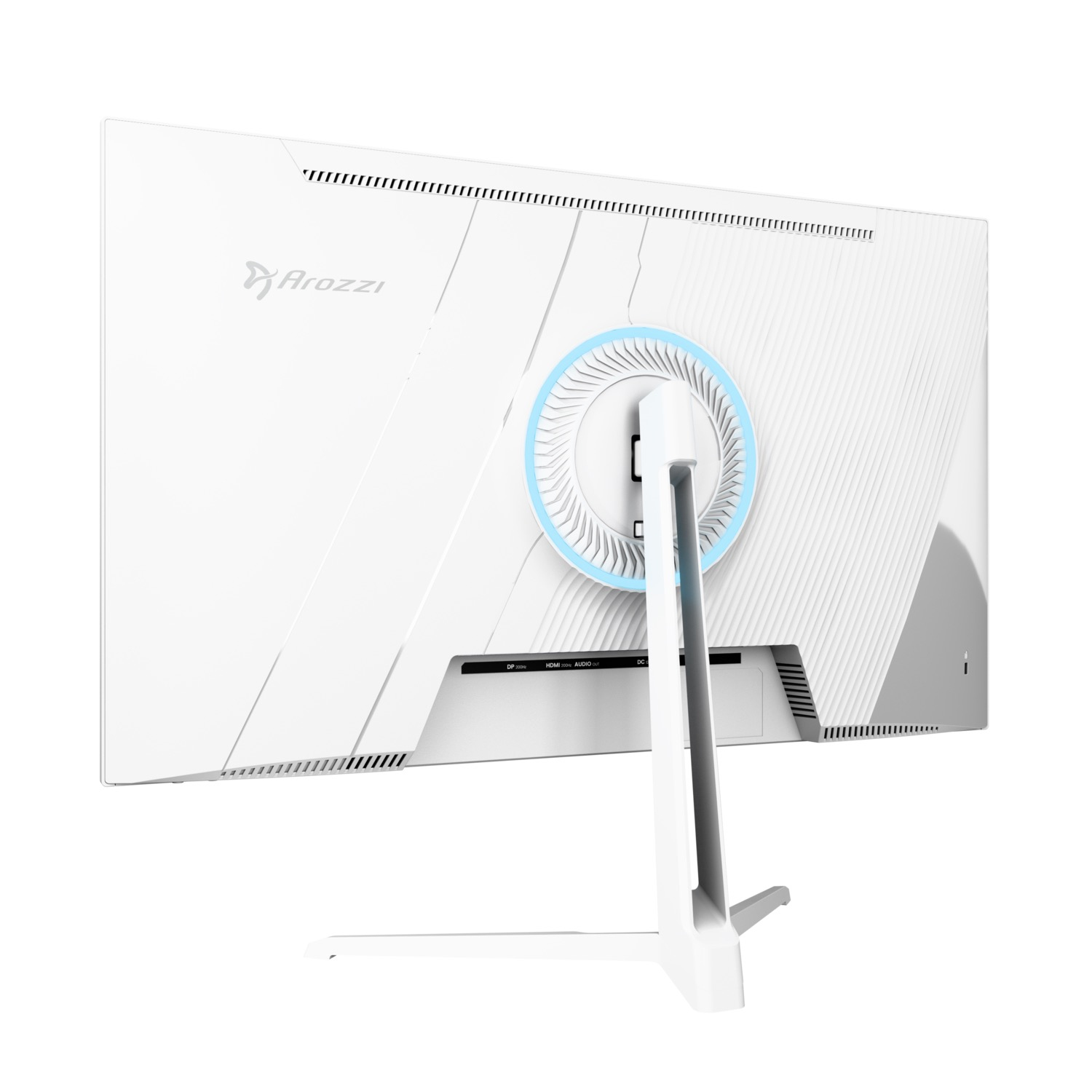Widok z tyłu białego monitora Arozzi. Ma podstawę, niebieski okrągły design i różne porty.