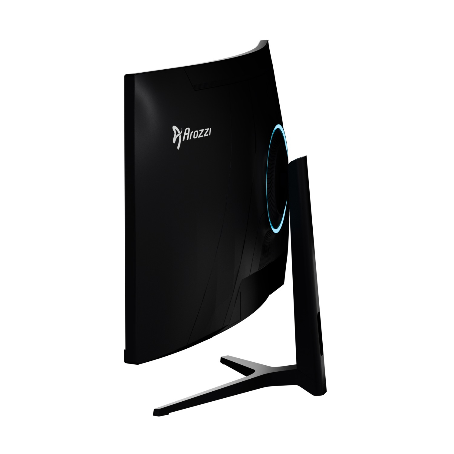 Czarny zakrzywiony monitor Arozzi z niebieskim akcentem świetlnym. Monitor na białym tle, pochylony w prawo.