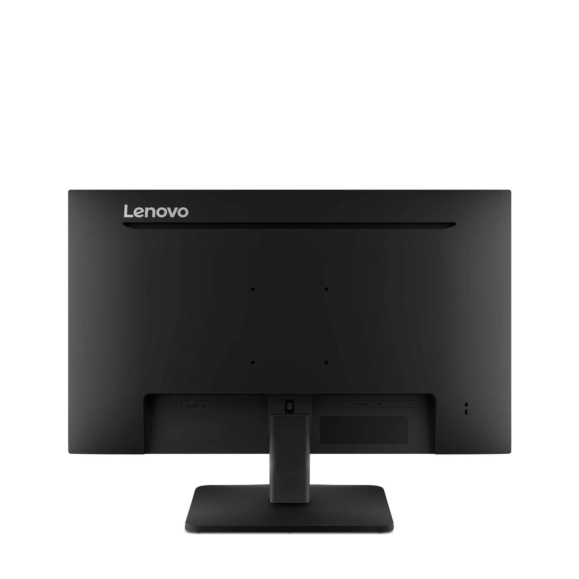 Vista posteriore di un monitor Lenovo nero. Sono visibili le porte per alimentazione, HDMI e DP. Il monitor è su un supporto nero.