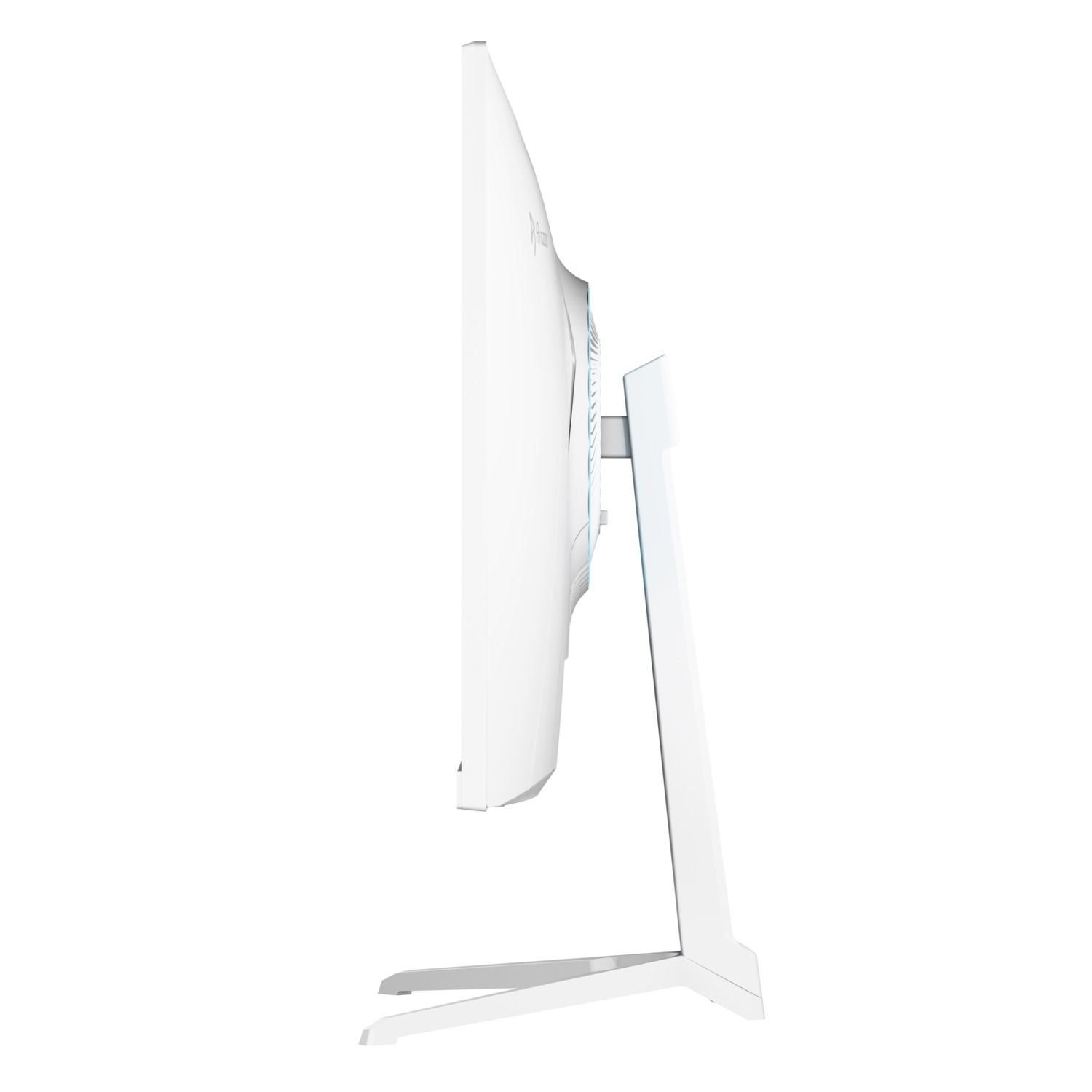Widok z boku białego monitora komputerowego ze stojakiem. Ekran jest zakrzywiony, a stojak ma nowoczesny design.