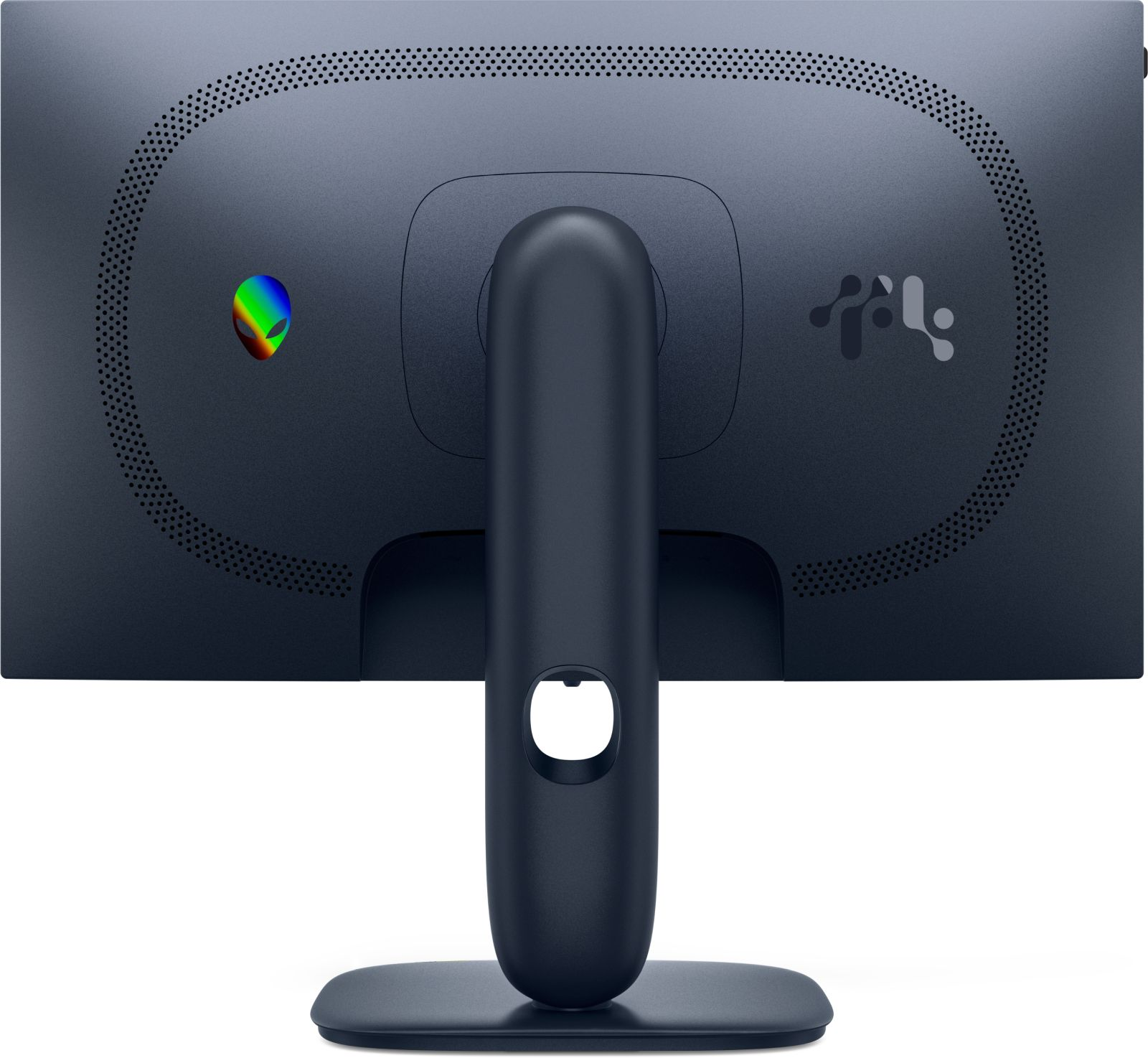 Rear view of a dark blue computer monitor with a stand. Features a rainbow alien head logo, and a logo on the right side.