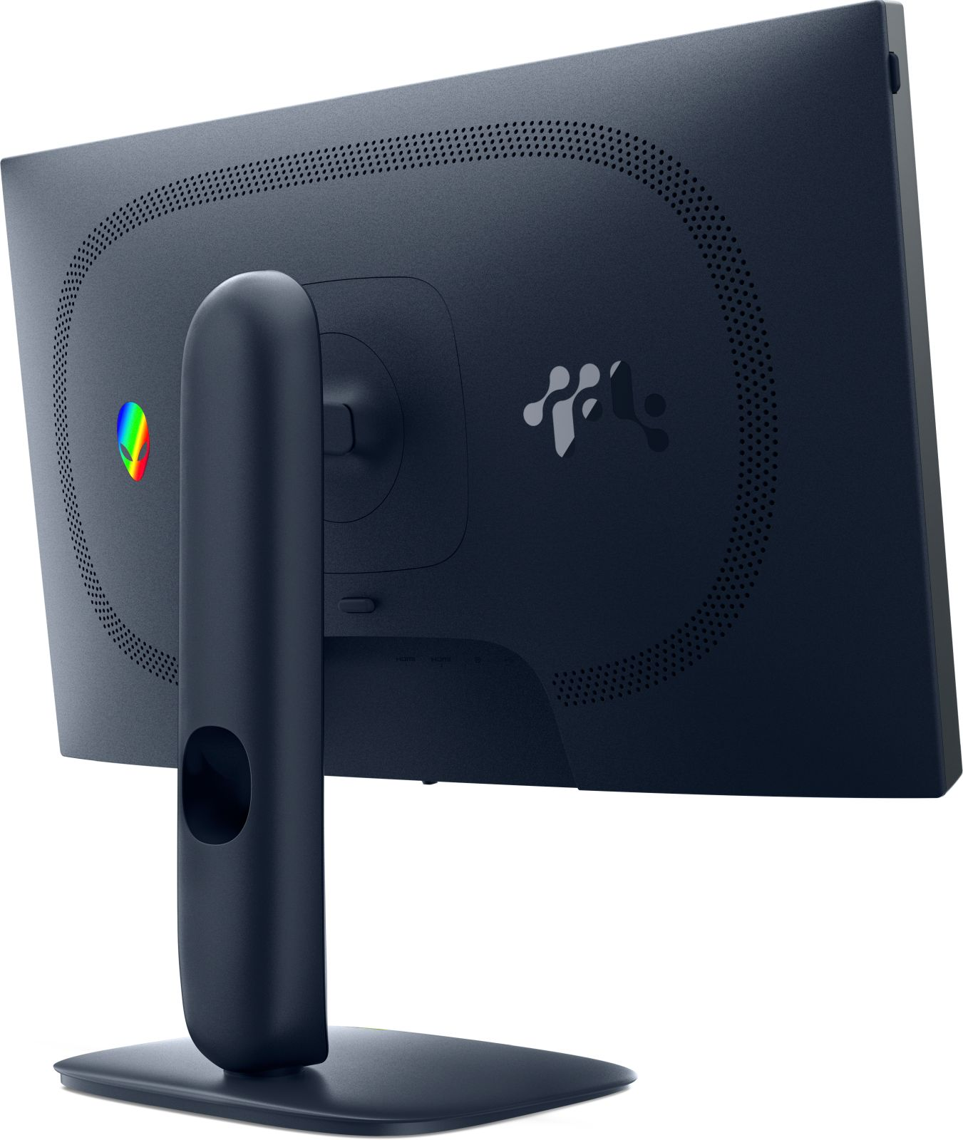 Rear view of a dark blue computer monitor. It has a stand and the logo of a brand on the back. Alienware logo is on the left.