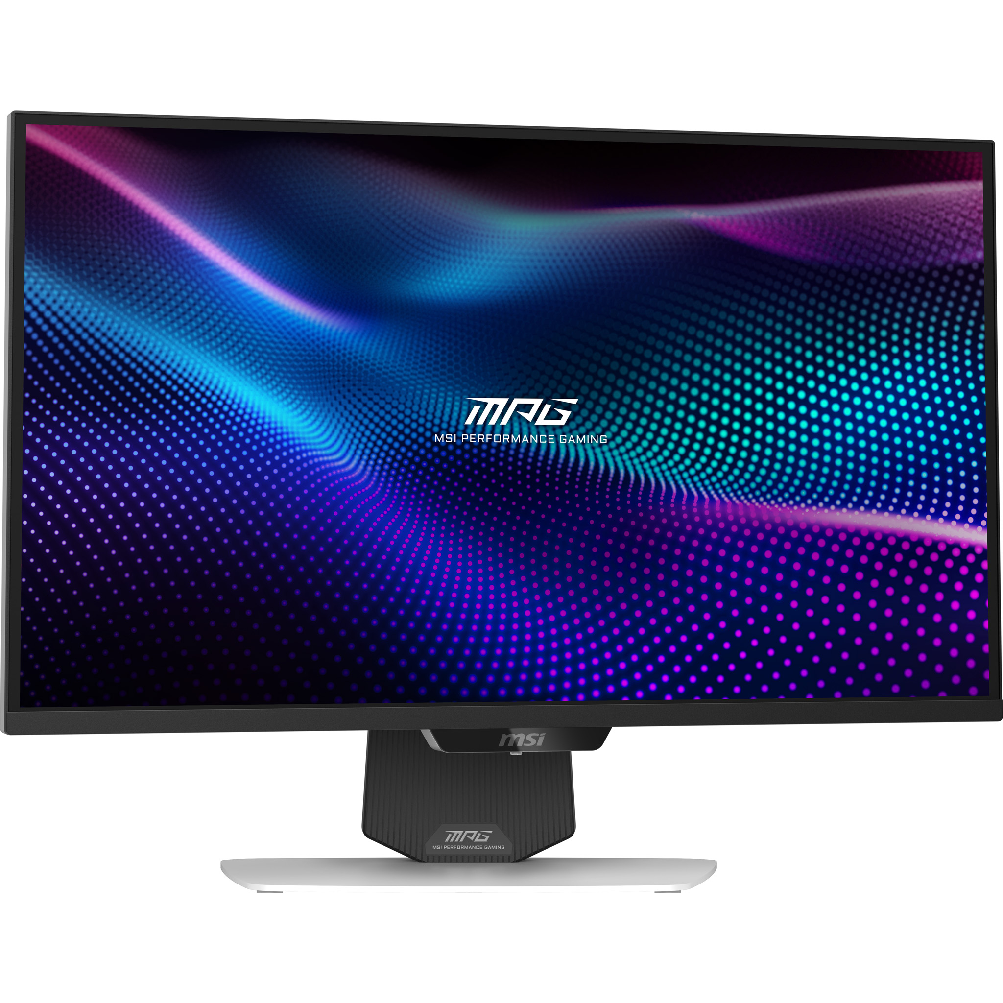 Monitor gaming MSI. Bisel negro, pantalla muestra puntos coloridos. Soporte plateado y negro. Logotipos MSI y MPG visibles.