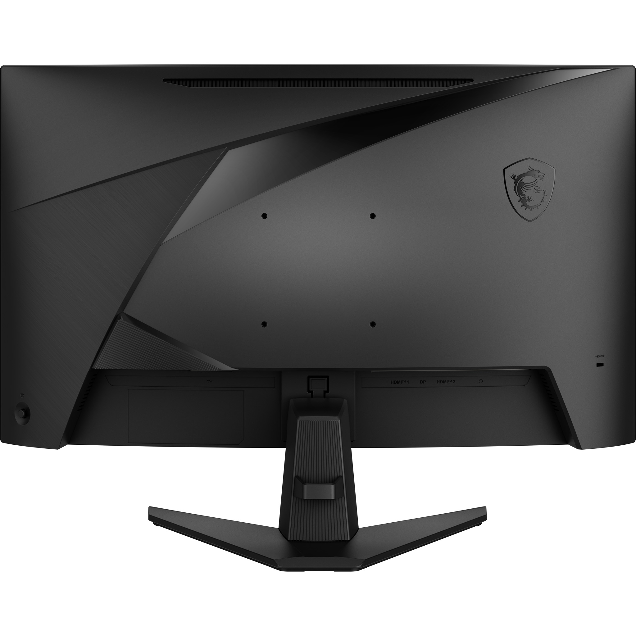 Zwarte MSI monitor achterkant. Poorten, standaard en MSI logo. Geometrisch design met texturen.