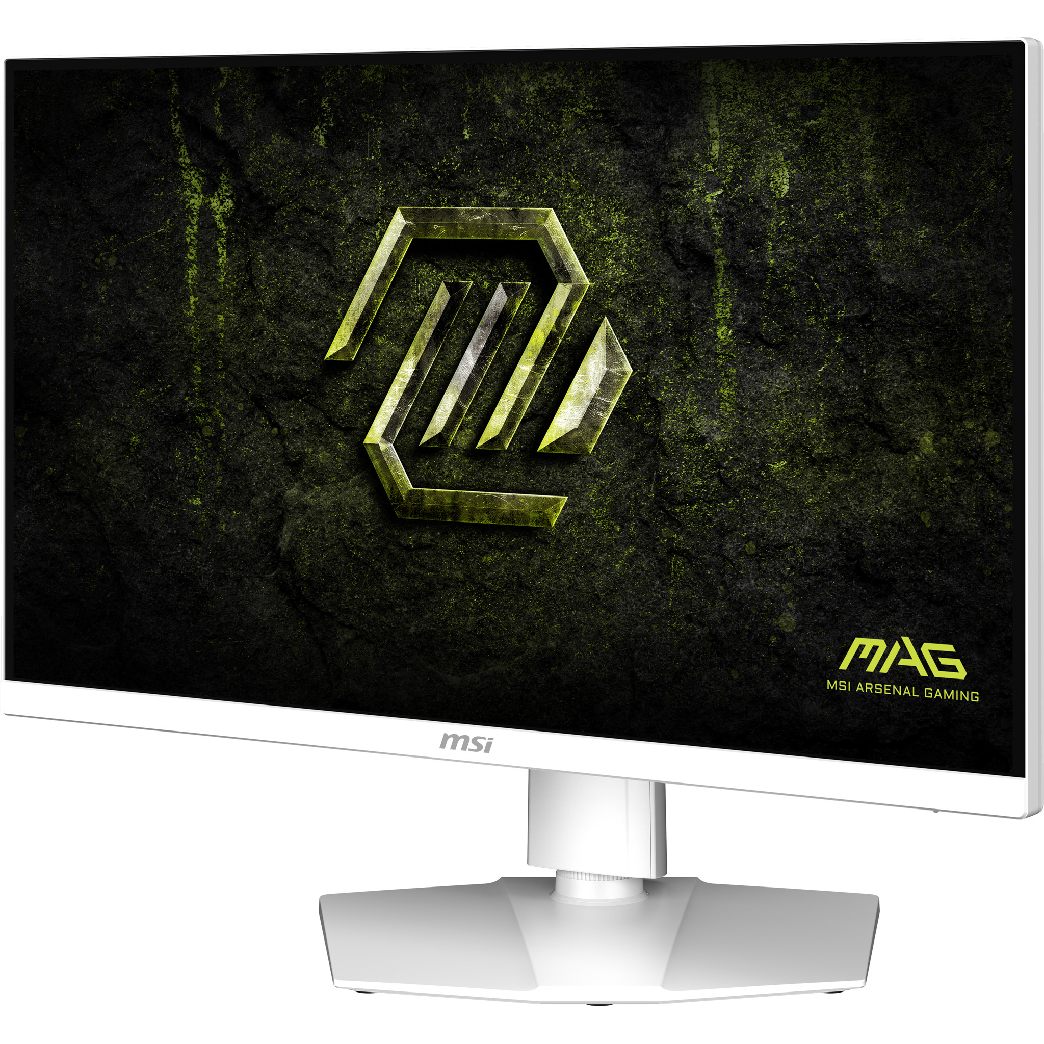Biały monitor MSI z ciemnym ekranem wyświetlającym zielono-żółte logo. Monitor stoi na białej podstawie.