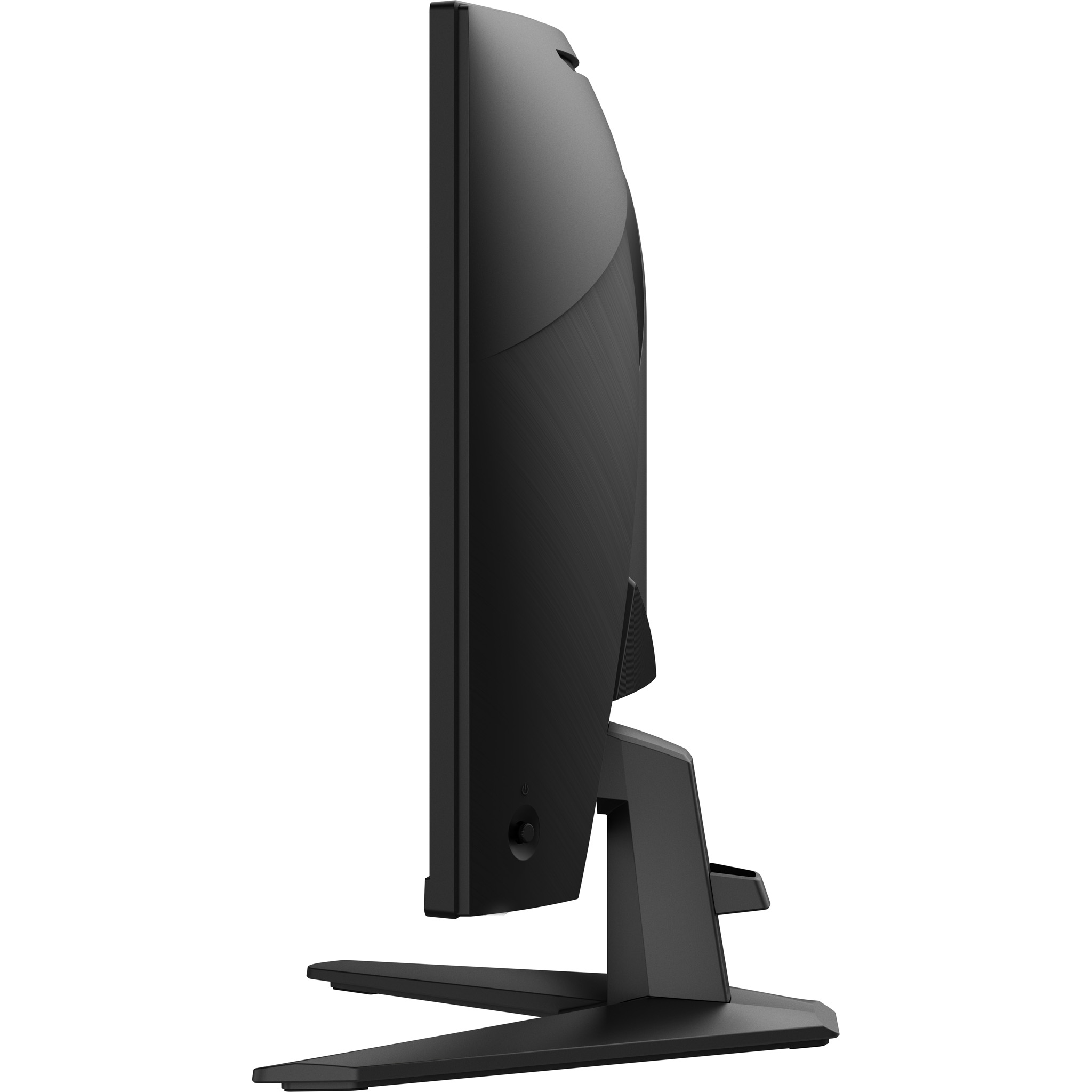 Zijaanzicht van een zwarte computermonitor met een standaard. Het scherm is zwart en de standaard is schuin.